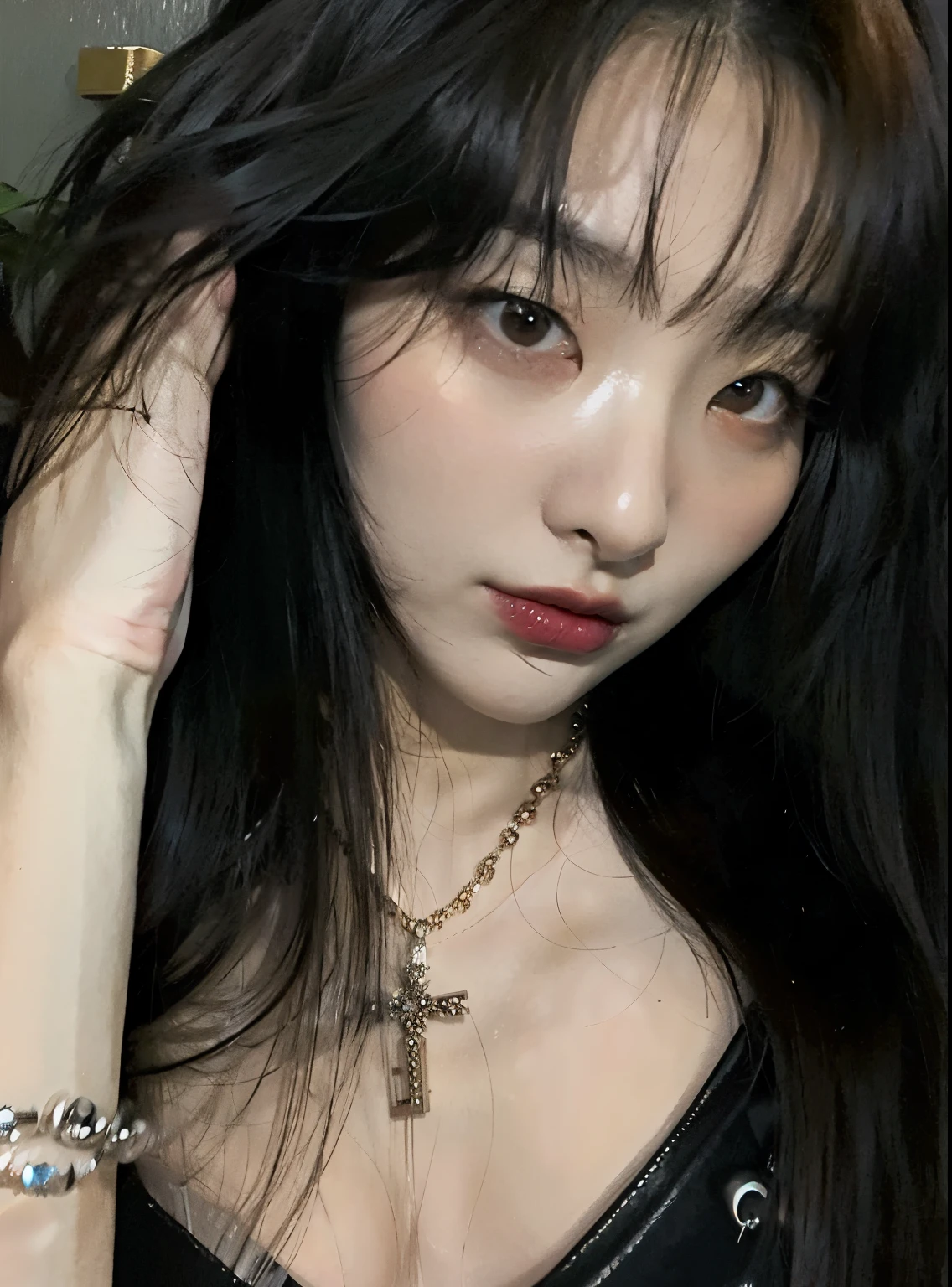 mulher Asian araffed com longos cabelos pretos e um colar, cruel korean goth girl, ela tem cabelo preto com franja, Ulzzang,  coreana, linda mulher sul-coreana, kanliu666,  Asian, deusa japonesa, sakimichan, Xisionwu, Yoshitomo Nara, linda jovem coreana