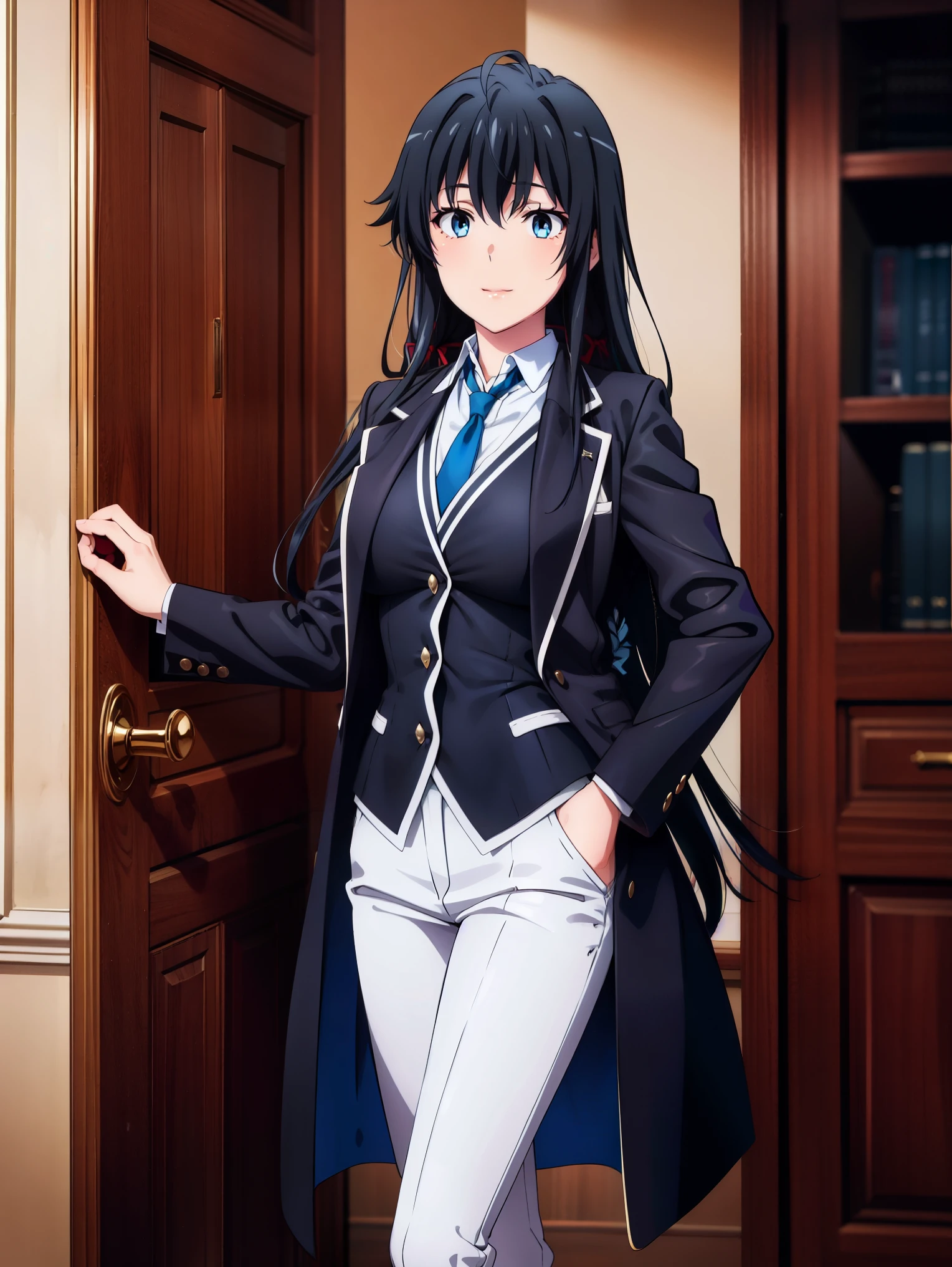 Yukinoshita Yukino ,A woman wearing a formal, attractive coat stands in a large gap in the room , 1girl, Single, blue necktie, Black hair, Blue eyes, long hair, He smiles , Collared shirt, White pants, White shirt , Elegantly designed coat , Stand in front of the window ,Perfectly tailored tailcoat. It has a stunning Victorian design and is made of lustrous fabric