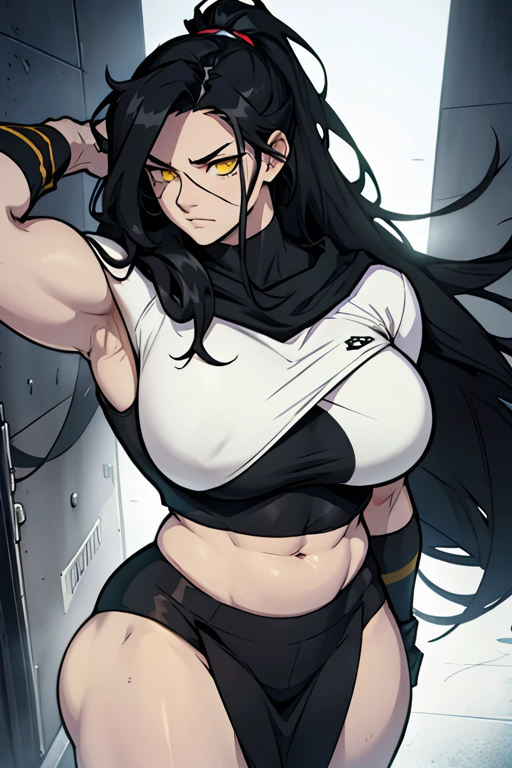 extremely long hair messy hair black hair yellow eyes pale skin girl muscular thick thick sad thick