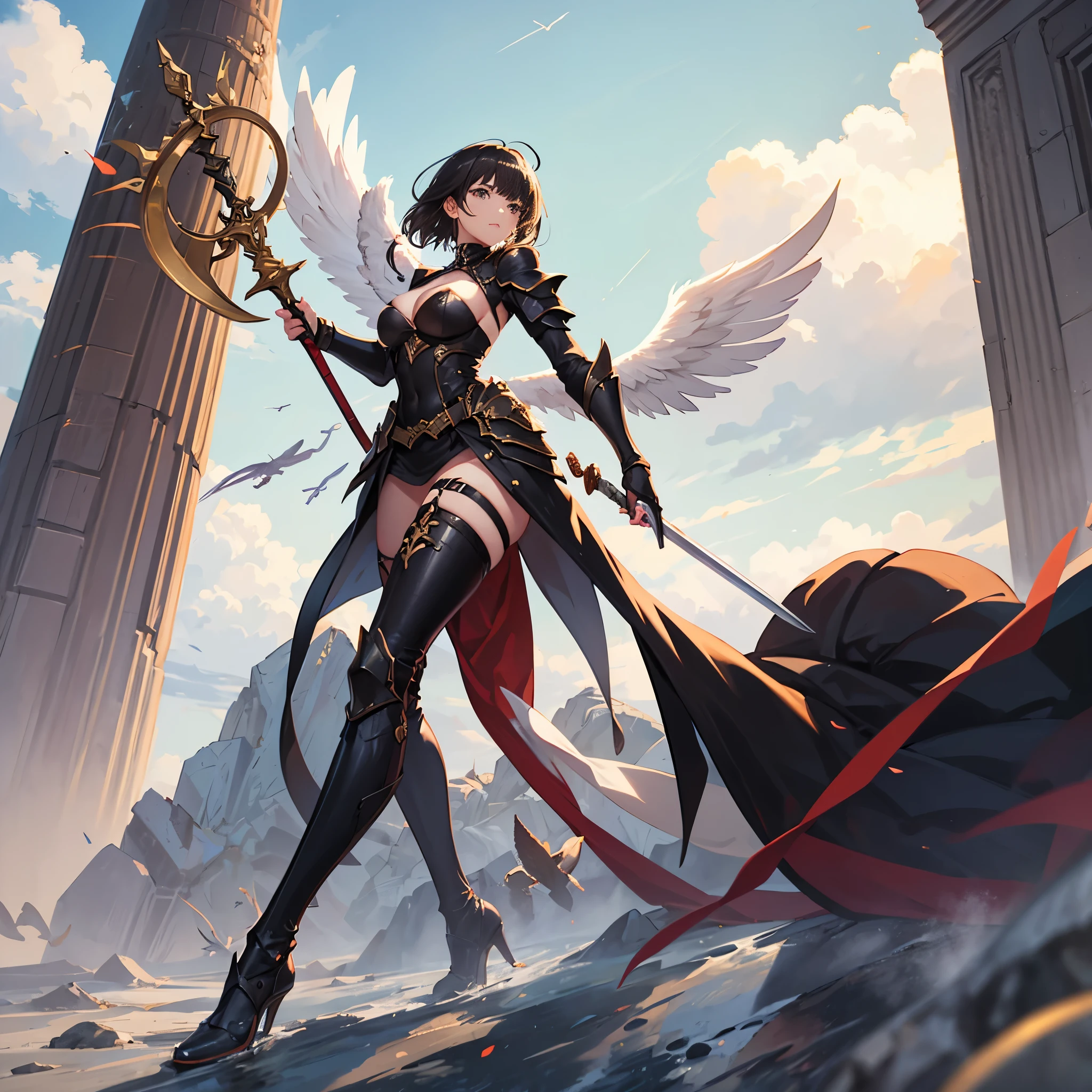 a girl flying in the sky with angel wings, she wears rouge armor and is busty, she has black wings and is holding a staff and has a sword on the side