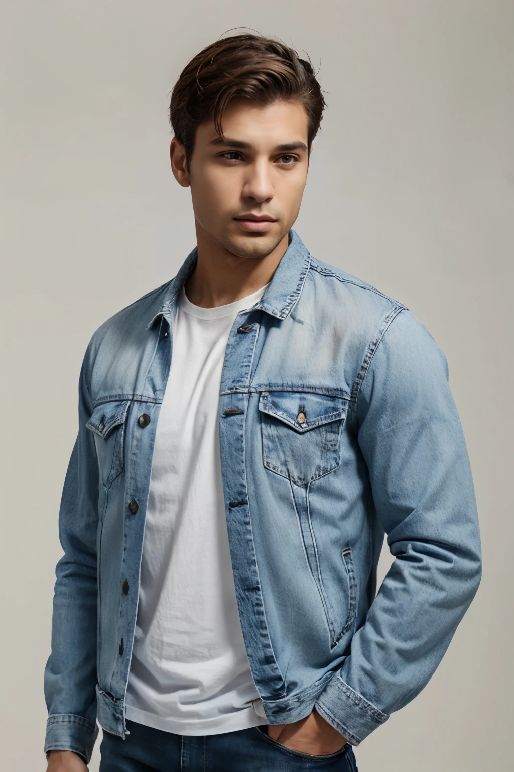 a close up of a man in a denim jacket leaning against a wall, wearing a jeans jackets, wearing double denim, denim jacket, jean jacket, blue jacket, wearing blue jacket, wearing jacket, wearing a blue jacket, harmony blue jacket, double denim, wearing denim, wearing a shirt and a jean, wearing a dark shirt and jeans, working clothes