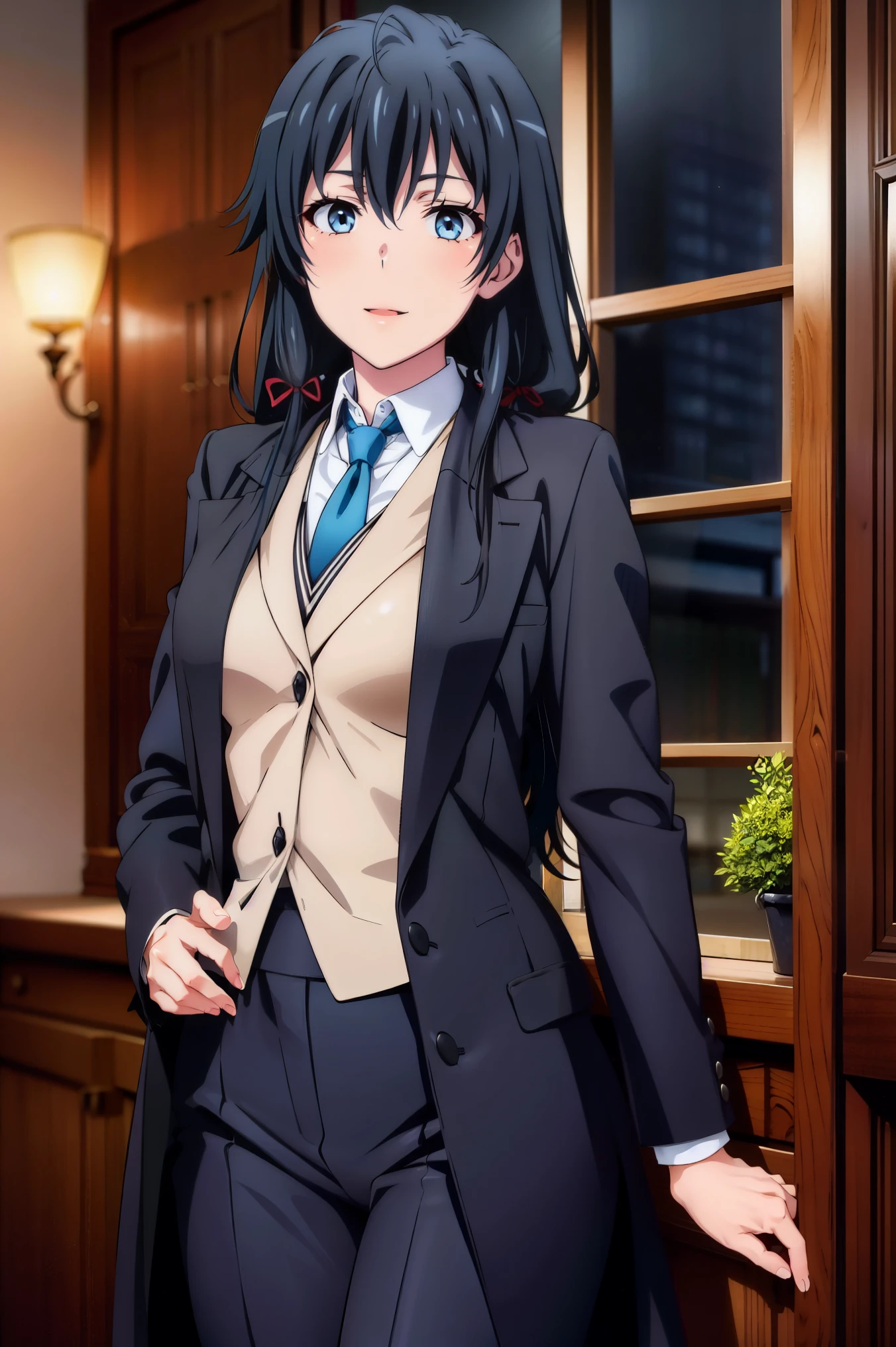 Yukinoshita Yukino ,A woman wearing a formal, attractive coat stands in a large gap in the room , 1girl, Single, blue necktie, Black hair, Blue eyes, long hair, He smiles , Collared shirt, White pants, White shirt , Elegantly designed coat , Stand in front of the window ,Perfectly tailored tailcoat. It has a stunning Victorian design and is made of lustrous fabric