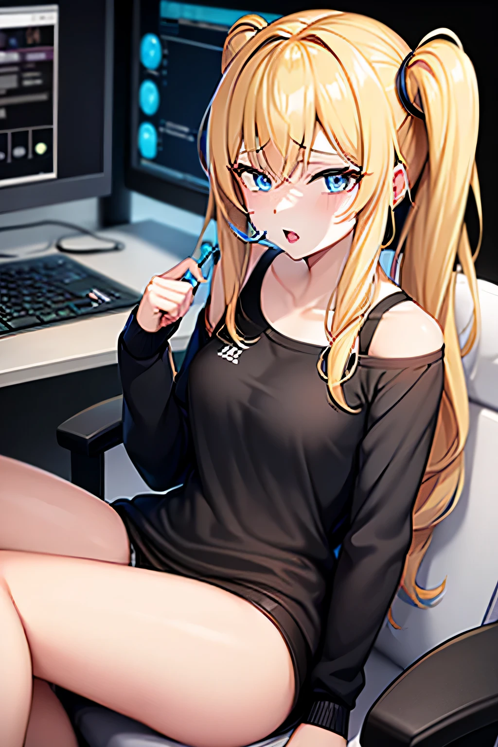 anime girl with baggy t-shirt and headset, pale blonde hair, blue eyes, sitting on a gaming chair, skinny body, short, dark room, blue light from her computer lighting her face, touching herself