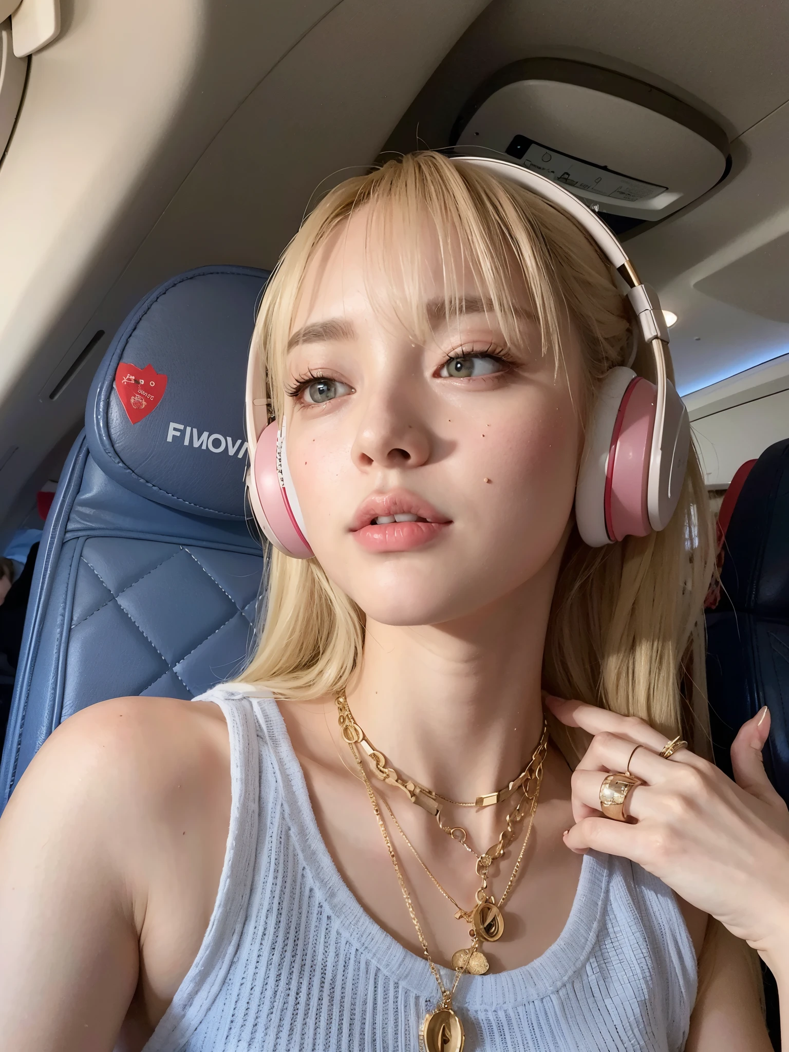 blond woman with fones de ouvido on sitting in a plane, com fones de ouvido, Bela Delfina, retrato de Kim Petras, with fones de ouvido, Retrato de Sophie Mudd, Luxo, estilo de julia razumova, dasha taran, fones de ouvido, Lalisa Manobal, fones de ouvido on, Angelina Stroganova, Irina Nordsol Kuzmina, Anastasia Ovchinnikova