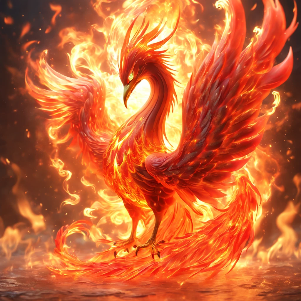 (best quality,8k,highres,masterpiece:1.2), ethereal, translucent, magical phoenix standing before swirling flames, majestic phoenix, intangible, glowing eyes, fiery red phoenix with shimmering feathers, intricate artwork, mythical world, flames, burning magma background, elemental, luminescent creature, mystical, fantastical, enchanting