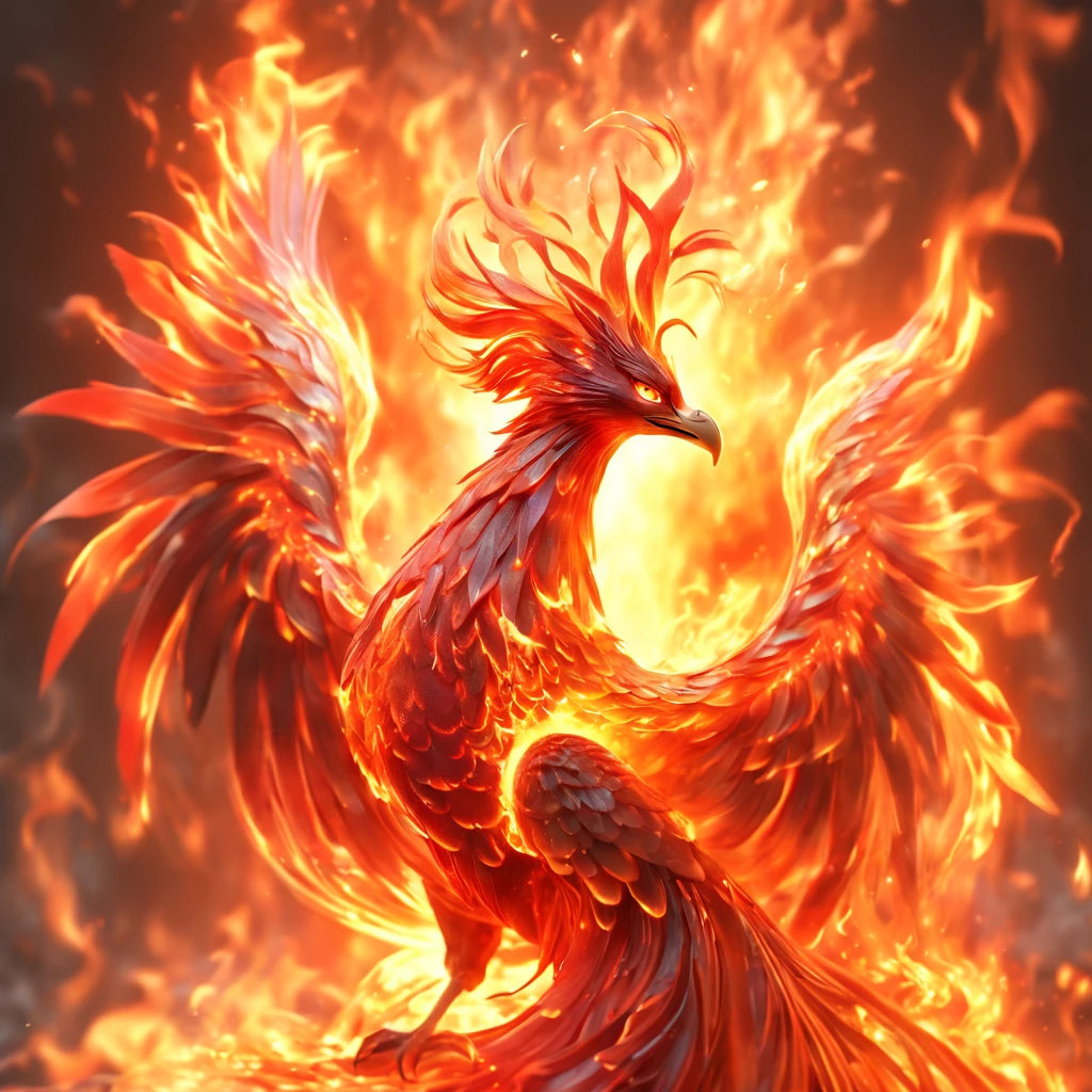 (best quality,8k,highres,masterpiece:1.2), ethereal, translucent, magical phoenix standing before swirling flames, majestic phoenix, intangible, glowing eyes, fiery red phoenix with shimmering feathers, intricate artwork, mythical world, flames, burning magma background, elemental, luminescent creature, mystical, fantastical, enchanting