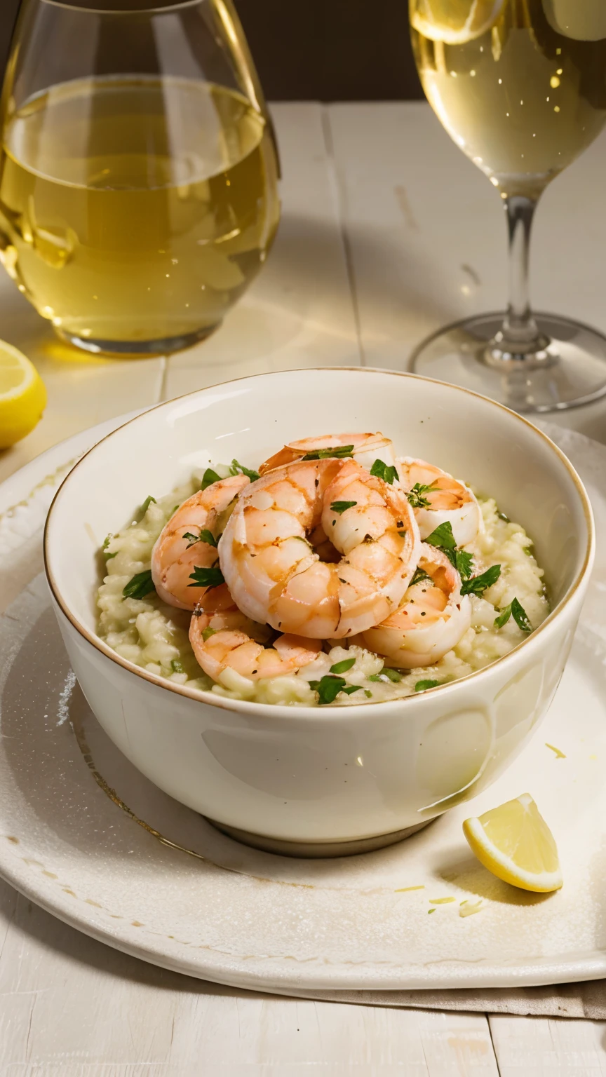 lemon risotto with shrimp next to a glass of white wine, photo realistic image
