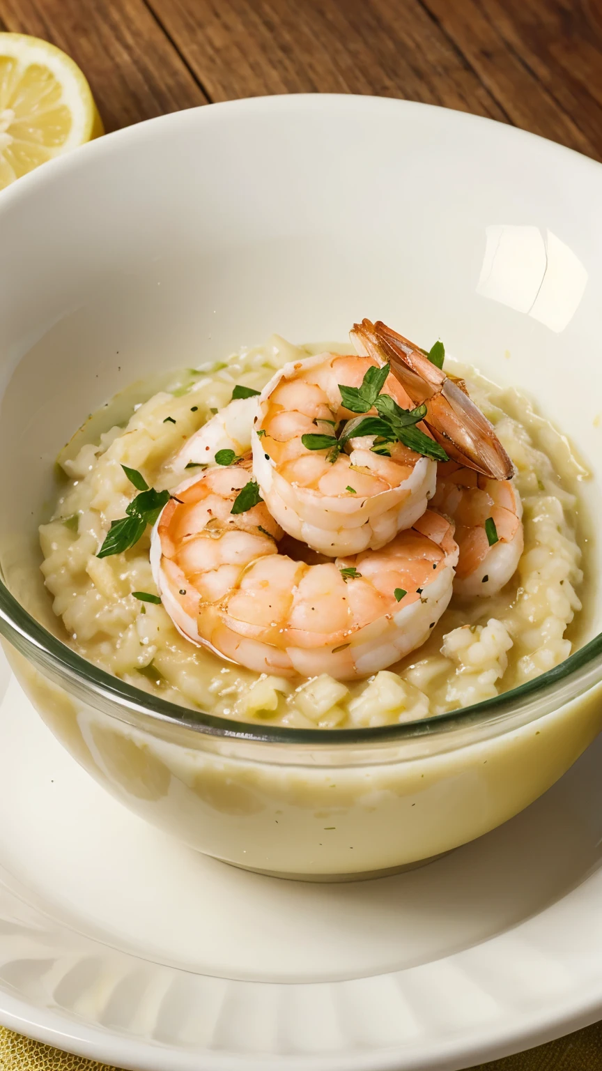 lemon risotto with shrimp next to a glass of white wine, photo realistic image