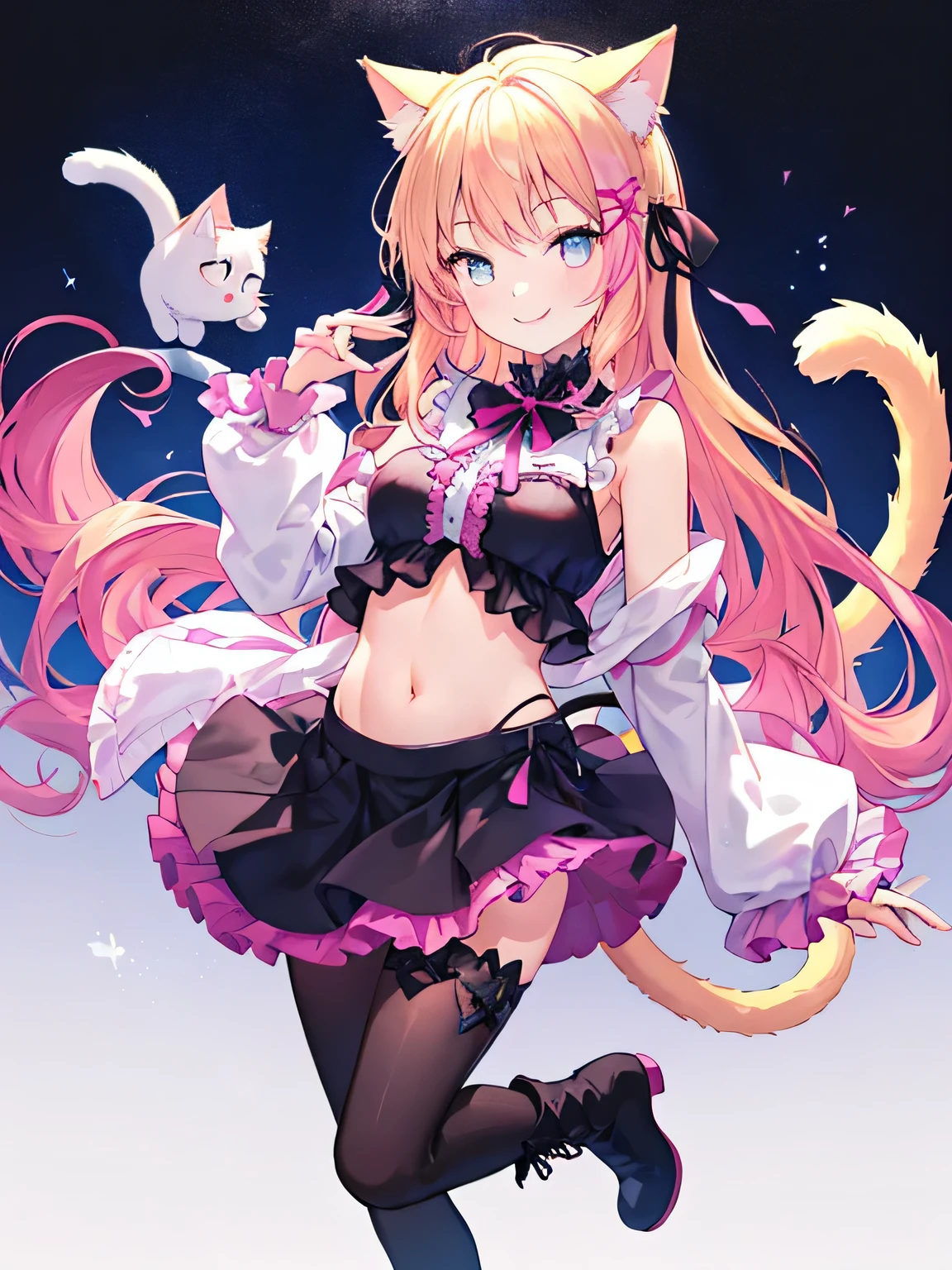 gothic、frills、mini skirt、big ribbon、Cat ear、cat tail、No sleeve、sleeveless、belly button、blonde、pink gradient hair、tights、boots、beautiful:1.2、(1 girl:1.3)、smile
