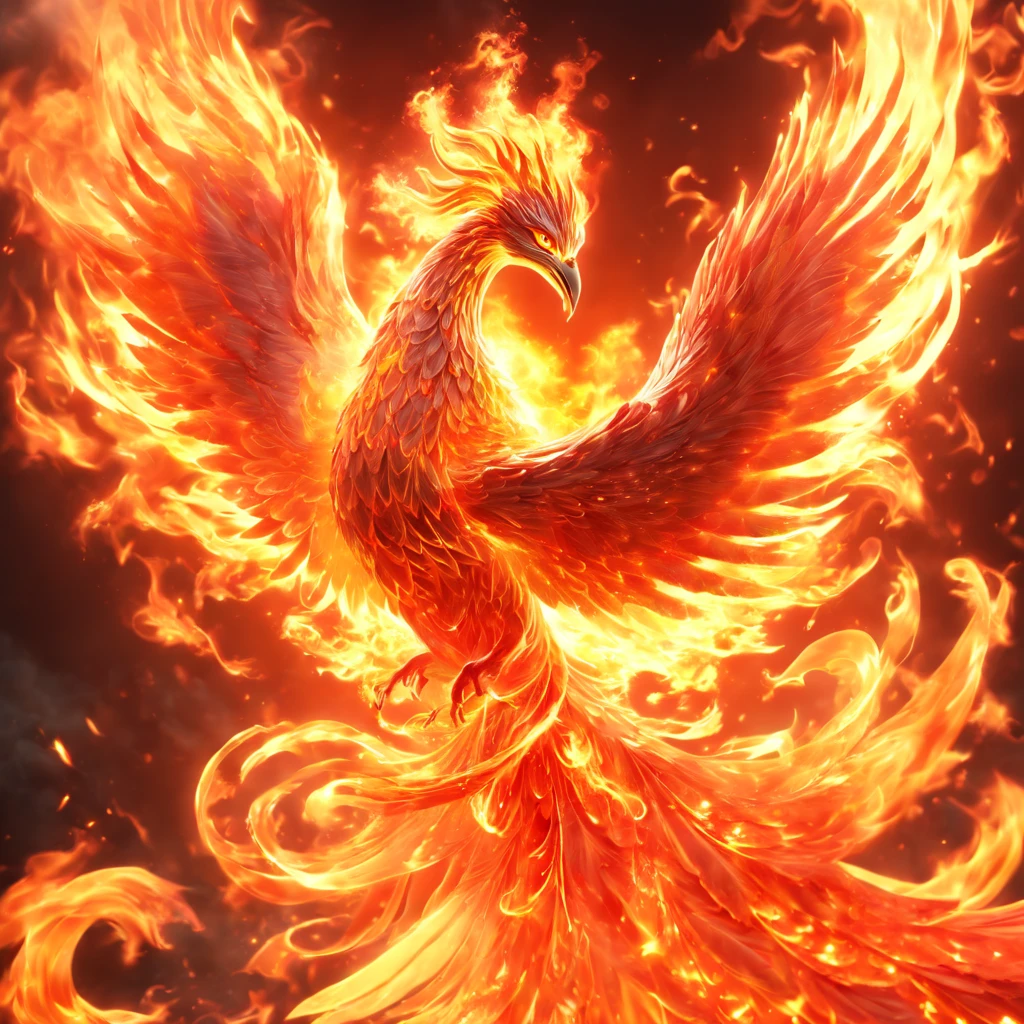 (best quality,8k,highres,masterpiece:1.2), ethereal, translucent, magical phoenix standing before swirling flames, majestic phoenix, intangible, glowing eyes, fiery red phoenix with shimmering feathers, intricate artwork, mythical world, flames, burning magma background, elemental, luminescent creature, mystical, fantastical, enchanting