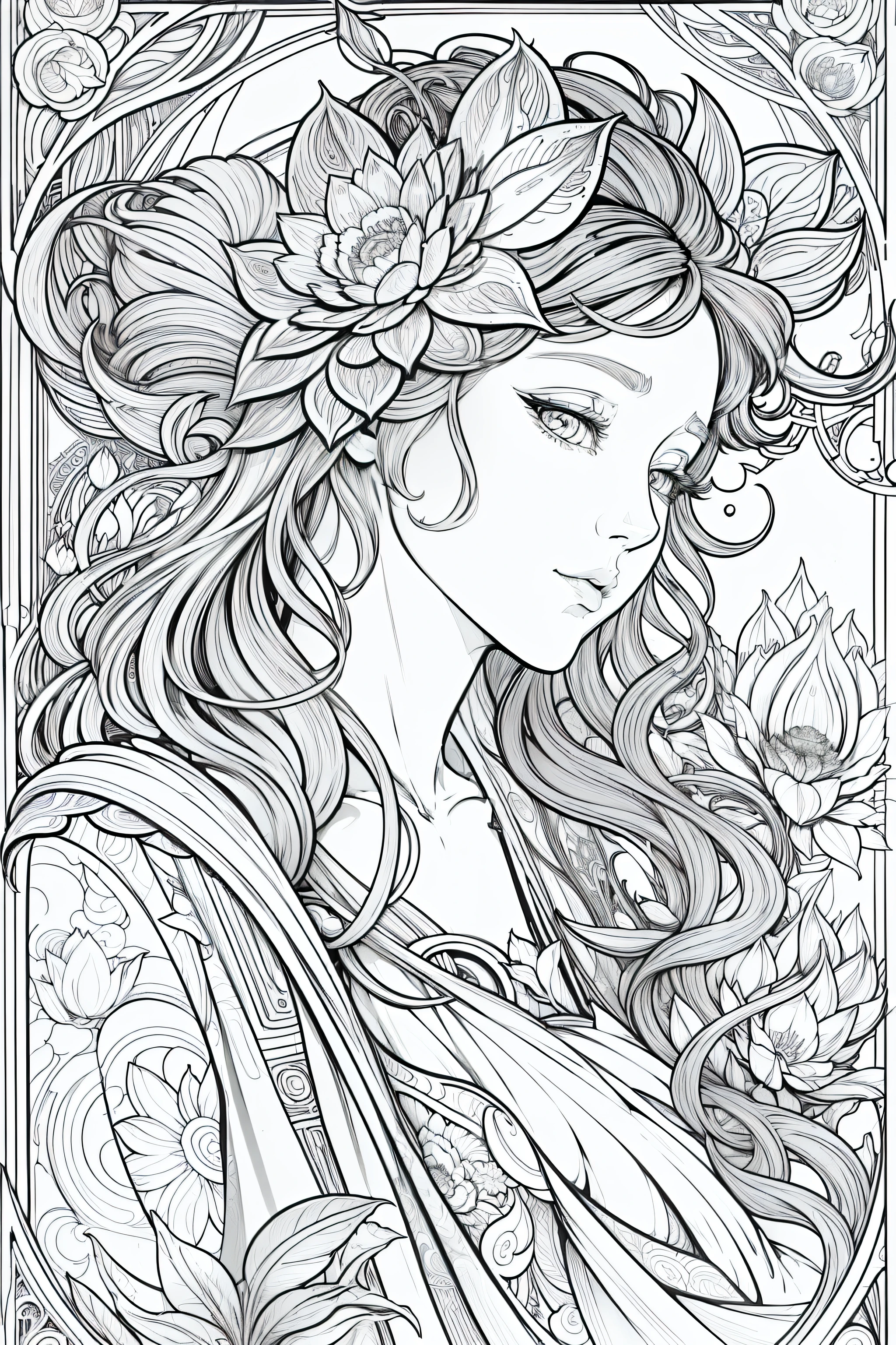 lotuses,Book page coloring art, All-white background, Use only outlines, line art, coloring book, Clean line art, datura,For coloring with natural ornaments, Simple and clean line art, coloring book page, Decorated in Art Nouveau, With a brush of Alphonse Mucha, perfect detail, Real, whaite hair