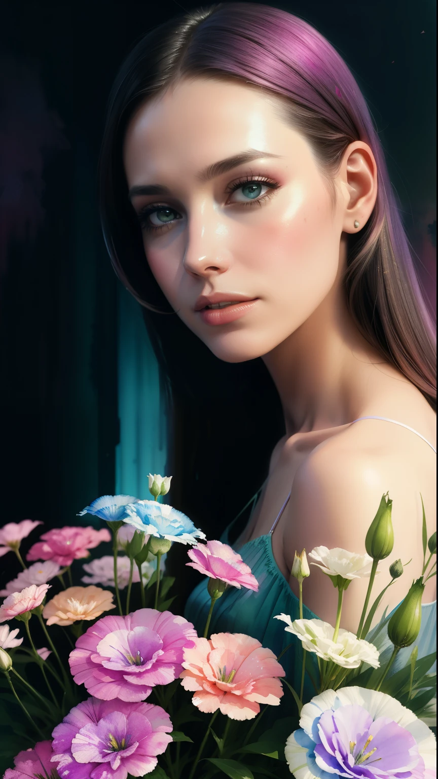 1 girl,flower, Lisianthus ,In the style of light pink and light azure, dreamy and romantic compositions, pale pink, Ethereal foliage, Playful arrangements,Fantasy, high contrast, Чернильные Strokes, Explosions, overexposure, Impression of purple and red tones , abstract, ((watercolor painting by John Berkey and Jeremy Mann )) Strokes, negative space, Makeup artists do makeup for celebrities,(masterpiece:1.2), Best quality, masterpiece, a high resolution, original, extremely detailed wallpaper, perfect lighting,(Extremely detailed computer graphics:1.2),light dispersion