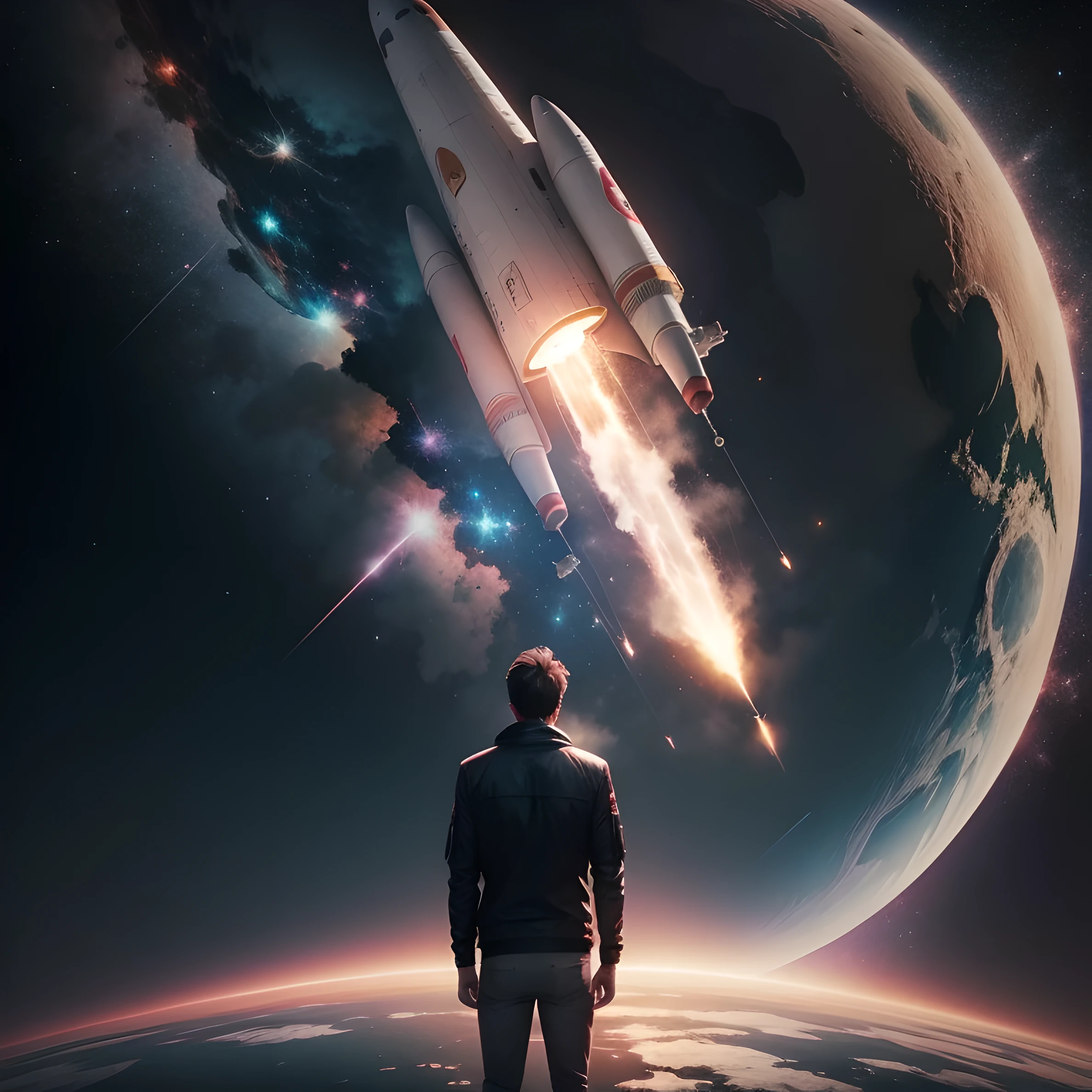 a man looking at a rocket in space, papel de parede 4k, estilo anime, papel de parede de arte anime 4K