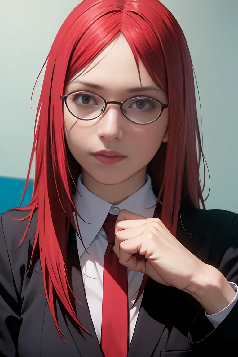 (((masterpiece, best quality, photo realistic))), (shiny skin), anatomically correct, delicated drawn hands and fingers, Cinematic lighting, physically-based rendering, award-winning, extremely detailed skin, extra detailed face, eyes with beautiful details, Carl Zeiss 85 mm F/1.4, BREAK, (1girl, solo), very cute 16-year-old girl is wearing Japanese school uniforms, (glossy pink hair, long hair, bangs, red eye color, red shiny eye color glasses, medium breasts), white collared shirt, satin fabric red stripe necktie, looking for camera, no expression, standing, (ID photo), extreme close shot, face focus, view from forward, blue red background,