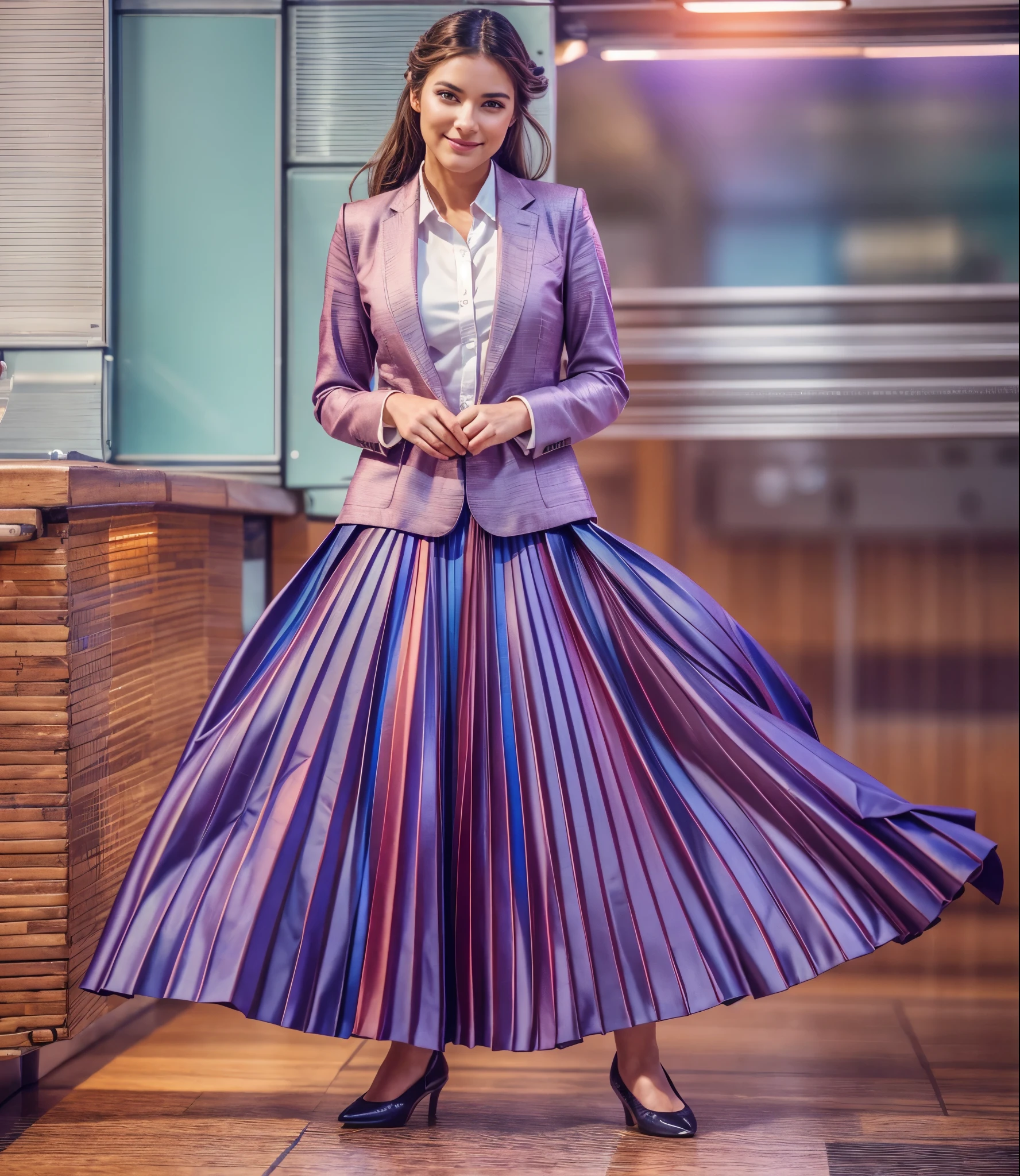 A smiling, authentic, (shy:1,3), kind, beautiful woman, completely alone in an empty space station, in love with her skirt, standing while wind lifts her skirt, wearing short blazer and very very detailed (long (fully pleated) full circle skirt) and (simple) low heeled office shoes, very very intricate hyper-detailed symmetric (attractive graceful young feminine face) with (sad, tired eyes and a shy smile), large breasts, full of empathy and compassion and love, (pronounced (feminine) features), (highly detailed ultra accurate realistic) hands and fingers, (windy), epic composition, highly detailed attributes, (35mm f1.4 Kodak portra 400 photograph), extremely high quality RAW photograph, highly detailed atmosphere, sci-fi, cinematic shot, dynamic lighting, 75mm, Technicolor, Panavision, cinemascope, sharp focus, fine details, 8k, HDR, realism, realistic, key visual, film still, superb cinematic color grading, depth of field