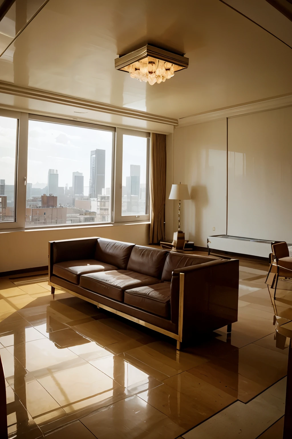 Art Deco room, Floor-to-ceiling windows, girl at the window in a white suit, blonde, short haircut, view from the back