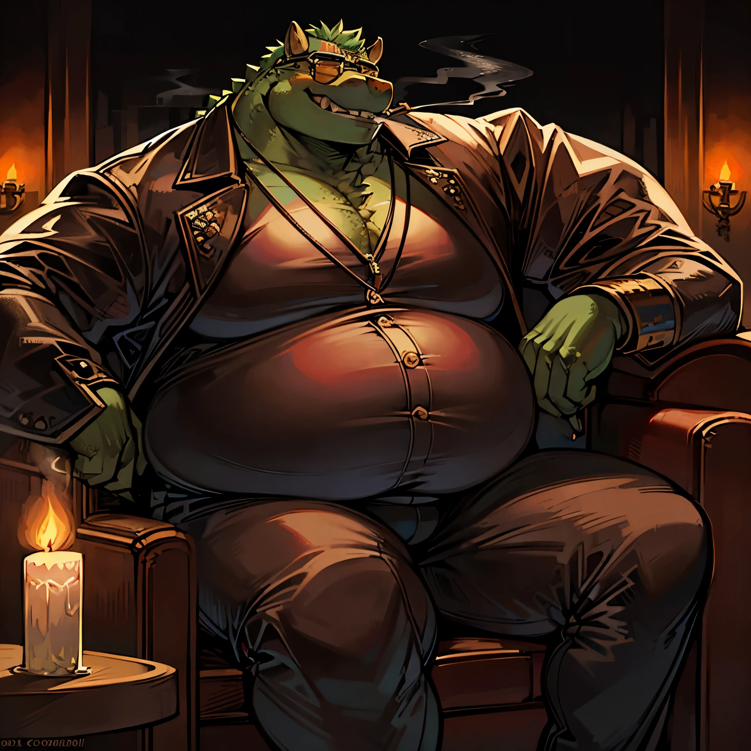masterpiece, high resolution, illustration,Italian gangsters, fat, Extremely obese, Wear sunglasses, Smoking cigars, sitting on leather sofa, Candlelight lighting, Crocodile orcs, one person