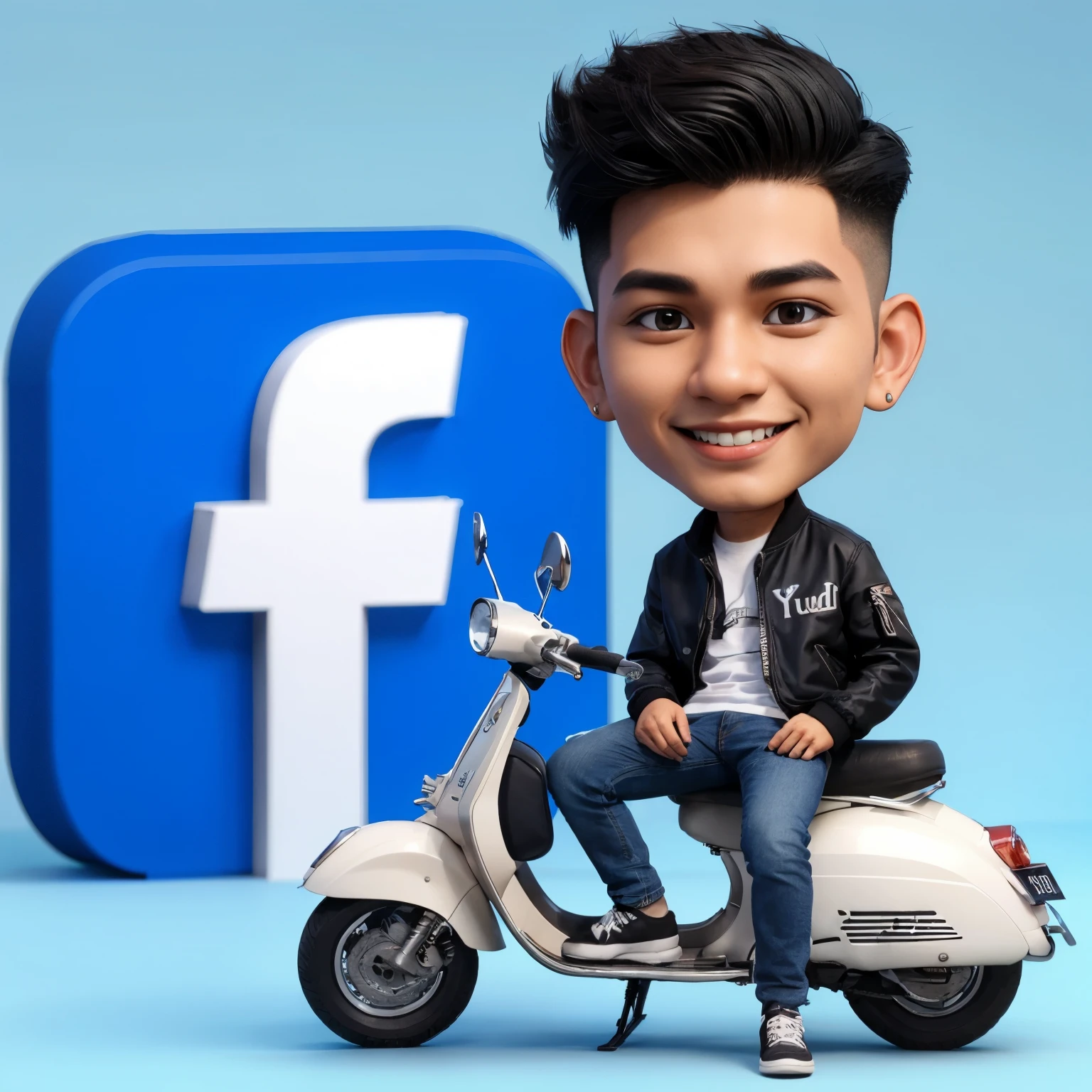 3D caricature, a young Indonesian man, undercut hair, black jacket, the name YUDI written on the front of his jacket, jeans, smiling photo facing the front, sitting on a white Vespa, background Big 3DFacebook logo