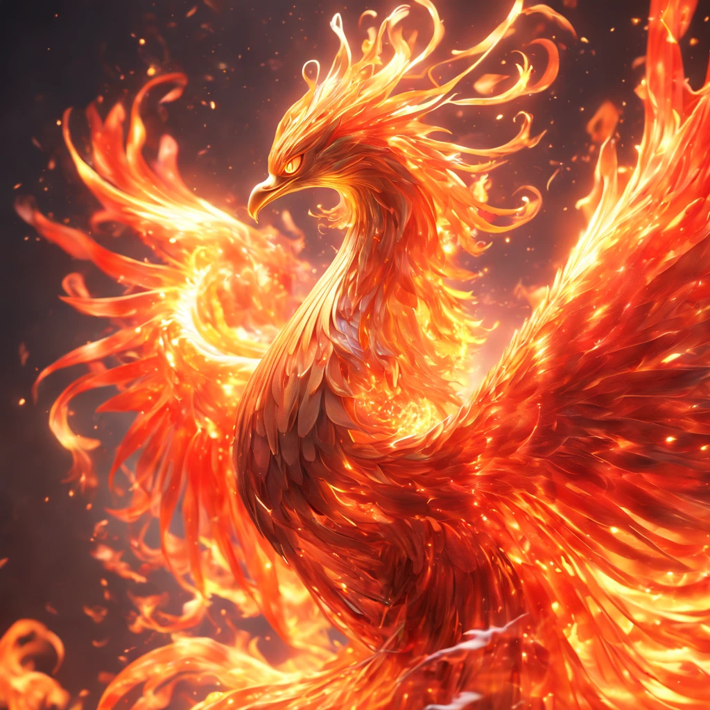 (best quality,8k,highres,masterpiece:1.2), ethereal, translucent, magical phoenix standing before swirling flames, majestic phoenix, intangible, glowing eyes, fiery red phoenix with shimmering feathers, intricate artwork, mythical world, flames, burning magma background, elemental, luminescent creature, mystical, fantastical, enchanting