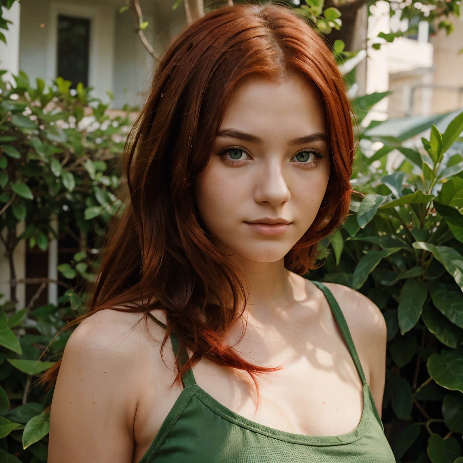 Drawing of a girl about 18 years old with red hair, jade green eyes