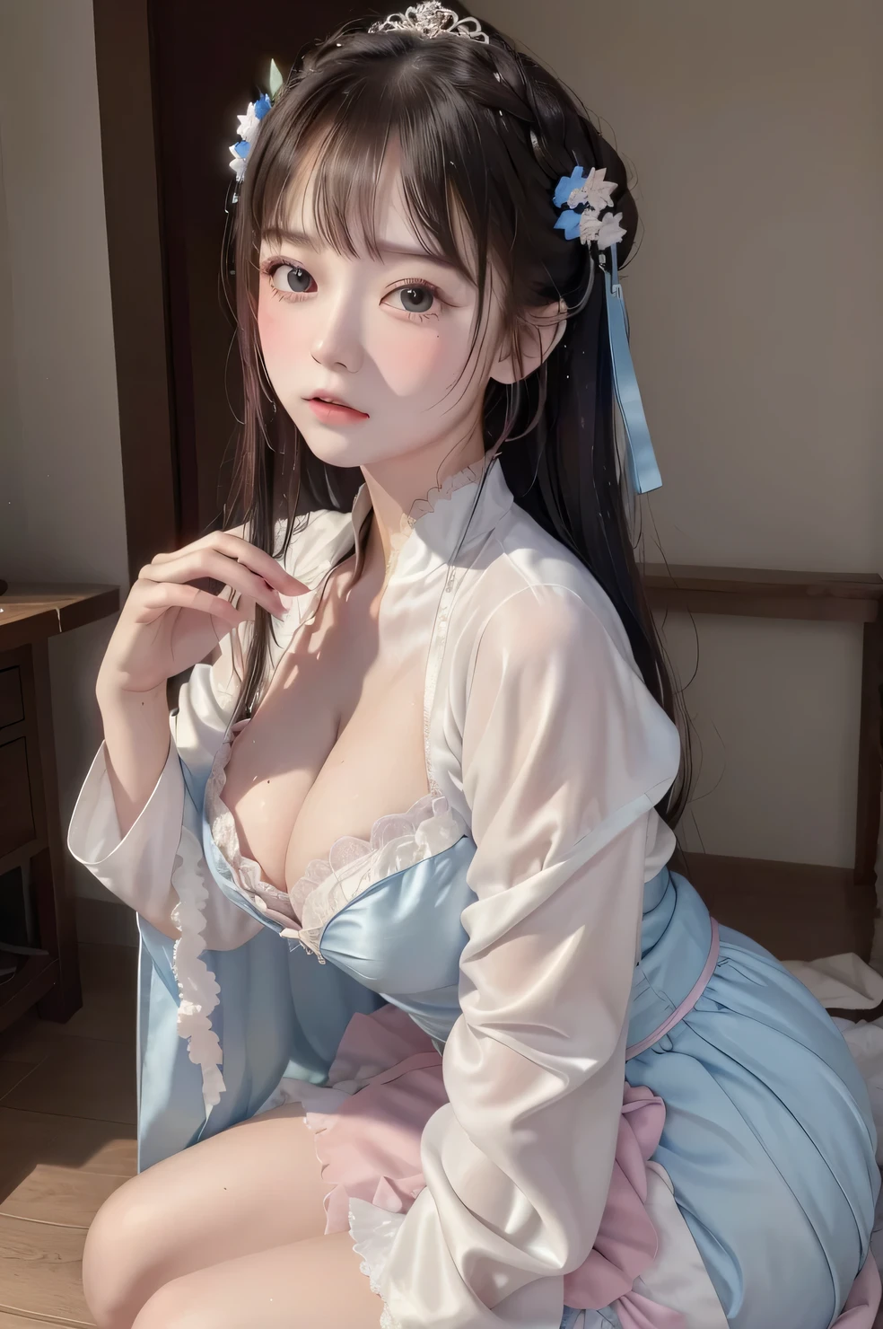 a princess 14 yeald old cute, Master picture quality, Highest quality, Best picture quality, Exaggerated details, The expression is shy,a close up of a , Super beautiful,Long hair, Very exaggerated and compact, Round ??????? , Pose in front of the camera, ,, Wet-breasted Hanfu open V-chested clothes pink, All pictures, Wet body of thin silk fabric, Thin silk lace petticoat, (huge ，cleavage), petticoat, white pink, blue