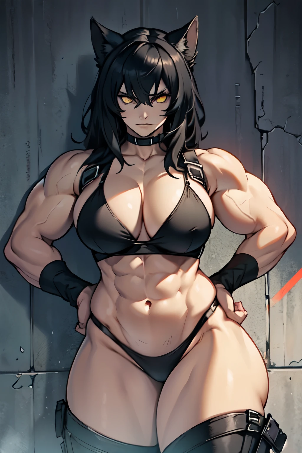 disgust ((muscular)) breasts huge thighs pale skin black hair yellow eyes girl