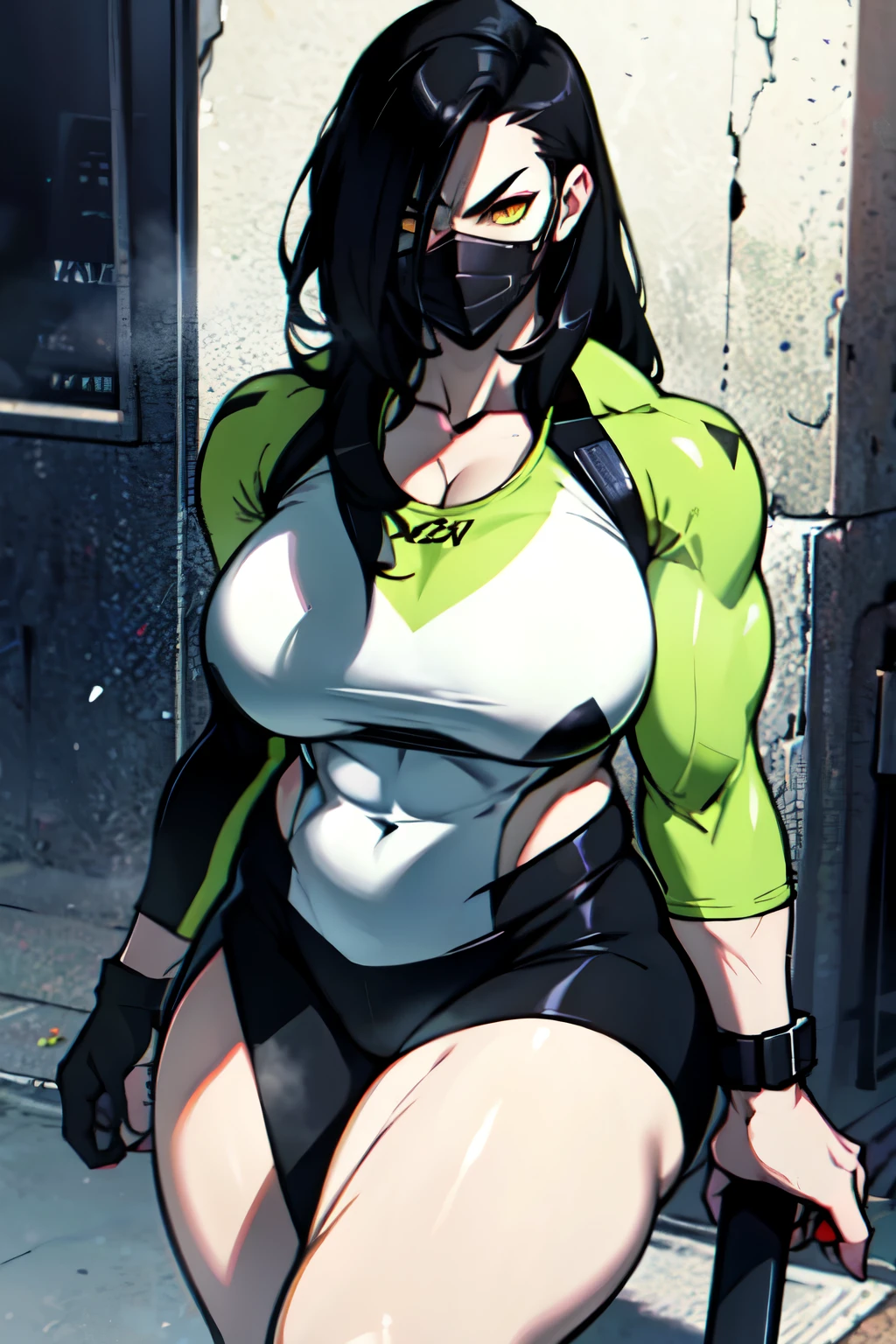 disgust ((muscular)) breasts huge thighs pale skin black hair yellow eyes girl