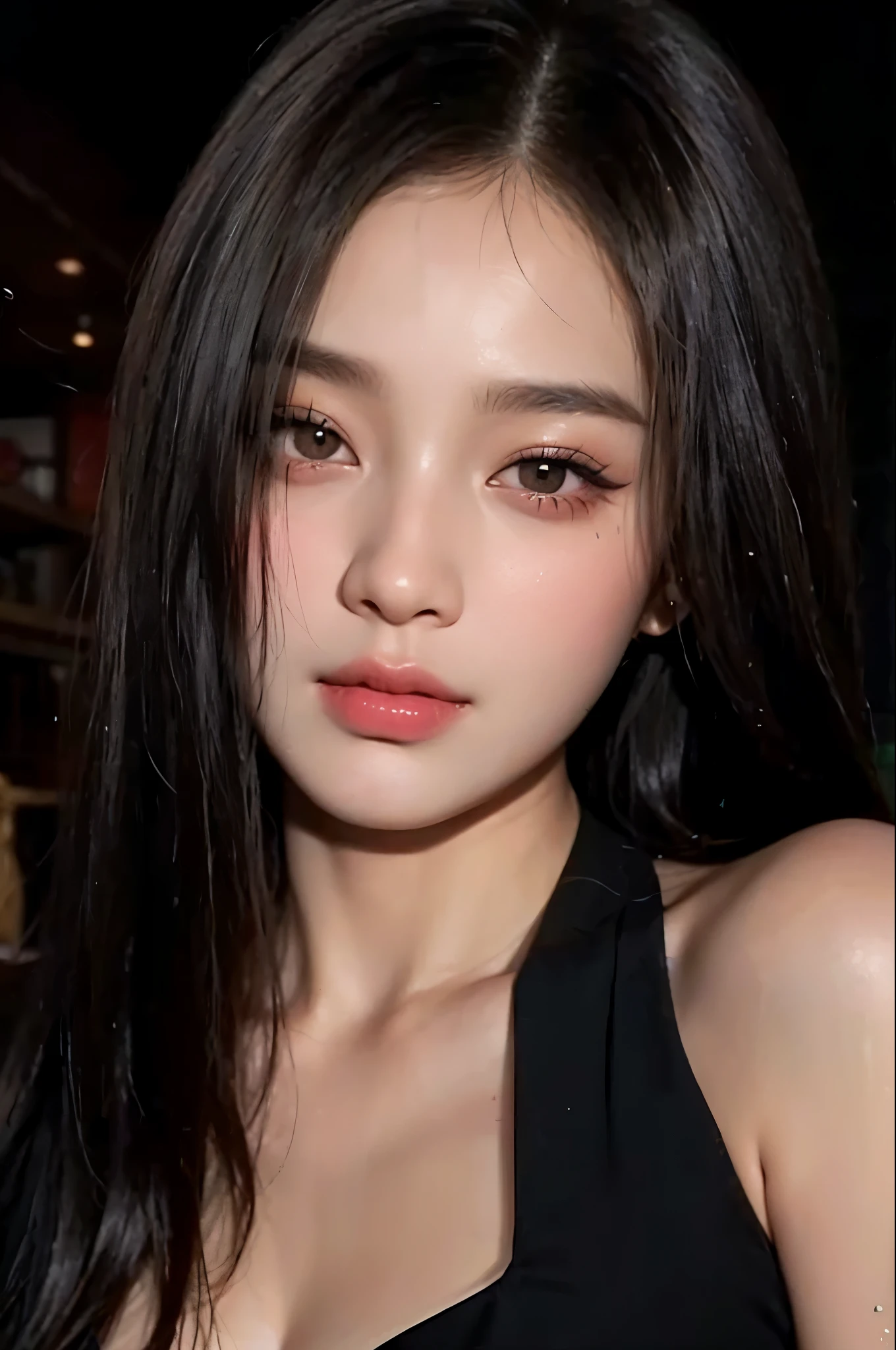 um close up de uma mulher com cabelos longos usando um top preto, linda mulher sul-coreana, beautiful aesthetic face, young pale and beautiful asian face, young lovely korean face, beautiful chinese model, Korean facial features, adorable and pale korean face, Southeast Asian with round face, linda jovem coreana, linda jovem coreana, maquiagem sul-coreana popular, with very thin lips