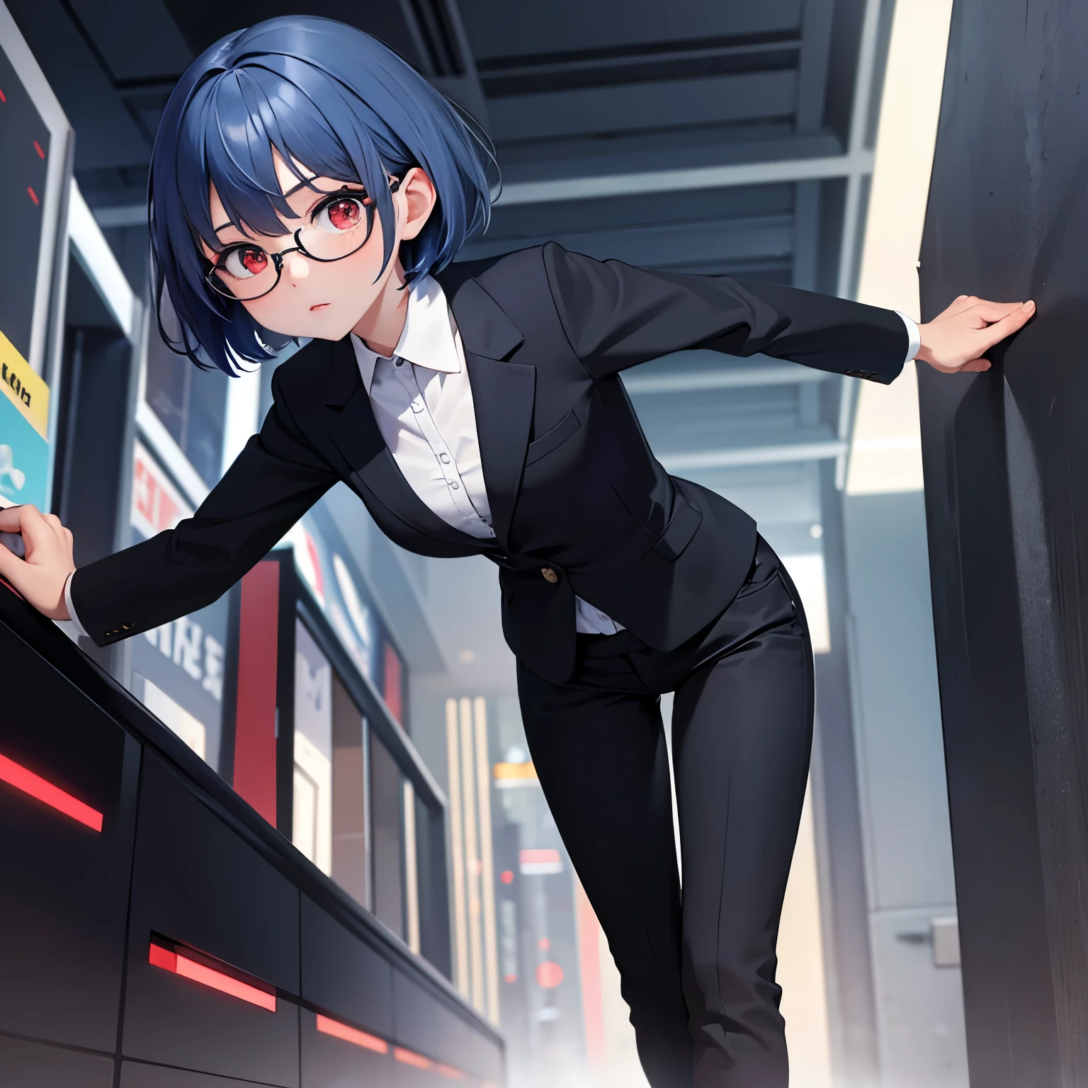 1girl, short blue hair, red eyes, wearing black suit, long black pants, round glasses, city, absurdres, high res, ultrasharp, 8K, masterpiece, looking at viewer