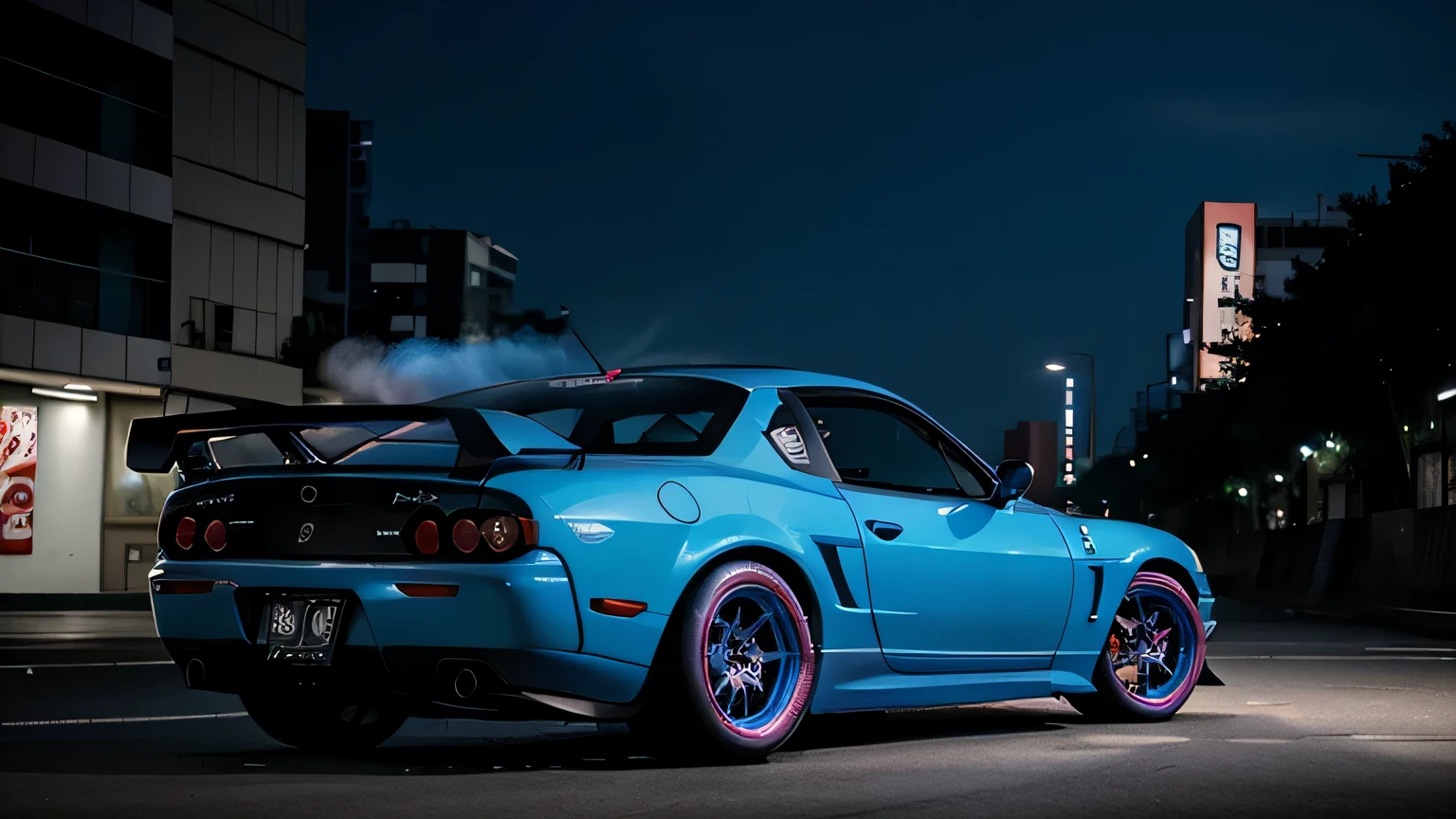 La Mazda RX-7 dérive dans la nuit à Tokyo avec une grosse fumée bleue et rose