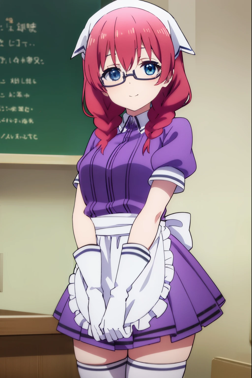 miuamano, miu amano, long hair, bangs, blue eyes, braid, red hair, glasses, twin braids, semi-rimless eyewear, under-rim eyewear, smile,
BREAK skirt, shirt, thighhighs, gloves, short sleeves, pleated skirt, glasses, puffy sleeves, white gloves, apron, white thighhighs, puffy short sleeves, waist apron, purple skirt, purple shirt, waitress, head scarf,
BREAK indoors, restaurant,
BREAK looking at viewer, (cowboy shot:1.5),
BREAK (masterpiece:1.2), best quality, high resolution, unity 8k wallpaper, (illustration:0.8), (beautiful detailed eyes:1.6), extremely detailed face, perfect lighting, extremely detailed CG, (perfect hands, perfect anatomy),