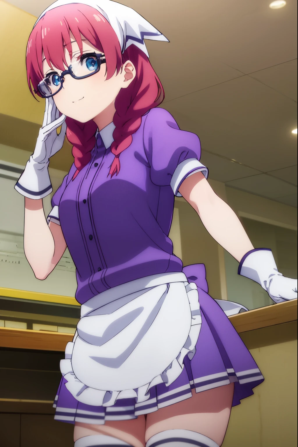 miuamano, miu amano, long hair, bangs, blue eyes, braid, red hair, glasses, twin braids, semi-rimless eyewear, under-rim eyewear, smile,
BREAK skirt, shirt, thighhighs, gloves, short sleeves, pleated skirt, glasses, puffy sleeves, white gloves, apron, white thighhighs, puffy short sleeves, waist apron, purple skirt, purple shirt, waitress, head scarf,
BREAK indoors, restaurant,
BREAK looking at viewer, (cowboy shot:1.5),
BREAK (masterpiece:1.2), best quality, high resolution, unity 8k wallpaper, (illustration:0.8), (beautiful detailed eyes:1.6), extremely detailed face, perfect lighting, extremely detailed CG, (perfect hands, perfect anatomy),