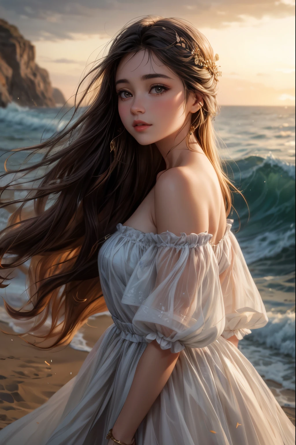 (best quality,4k,8k,highres,masterpiece:1.2),ultra-detailed,(realistic,photorealistic,photo-realistic:1.37),fashion photography, Angelic girl, beautiful detailed eyes, slight smile, beautiful detailed lips, long eyelashes, random hairstyle, random hair colour, stylish makeup, (((perky))), gorgeous model, posing with confidence, sensuous expression, modern photography techniques, striking contrast between light and shadow, soft and natural lighting, pale skin tone, subtle blush, pop of colour on the lips, dramatic background with vivid colours, artistic composition, ethereal atmosphere, whisper of wind blowing through her hair, graceful and elegant posture, bokeh effects, (((black flowing sheer summer dress))), exquisite accessories, bold and creative fashion choices, (((in the middle of a sand dune in a desert, sunset)))
