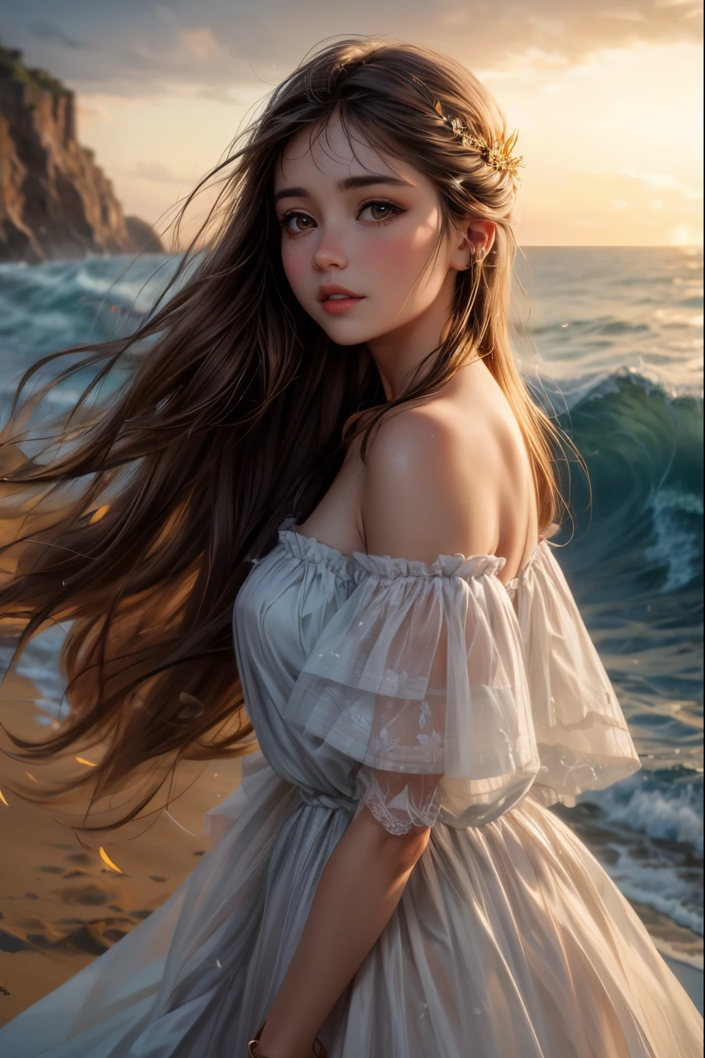 The Georgian girl at the sea, her flowing dress billowing in the wind, creating an ethereal sight. This exquisite oil painting captures her grace and vulnerability as she stands on the sandy shore. The soft hues of the sunset cast a warm glow on her delicate features, while the gentle wind delicately tousles her hair. The image radiates a serene beauty, inviting viewers to be immersed in the tranquility of the moment.