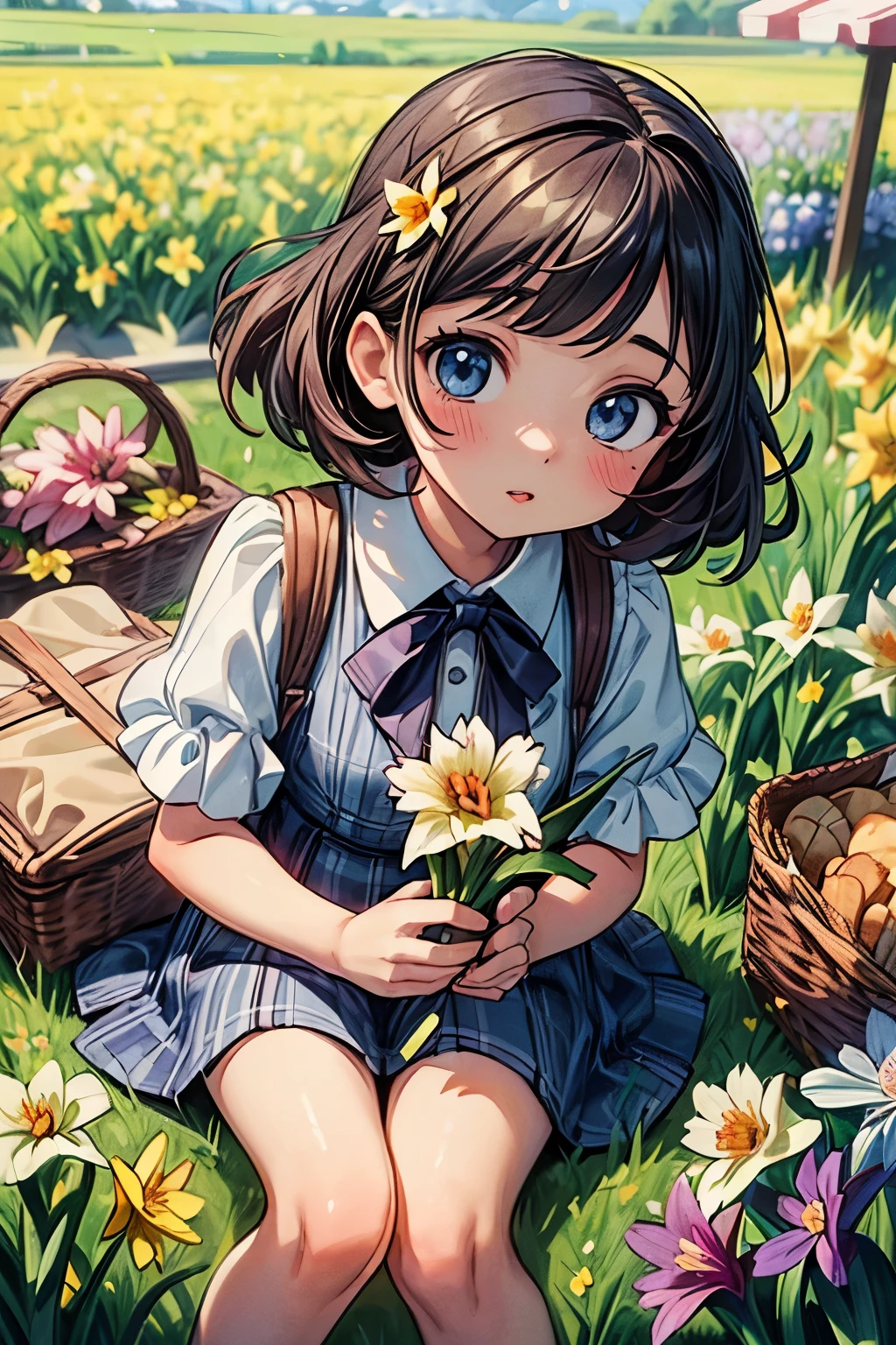 ((masterpiece)), ((best quality)), (1girl, solo:1.4), from above, beautiful detailed eyes, vivid, cloudy sky, flower, anemone, (daffodil), (hyacinth), falling petals, picnic, kissing face, landscape,