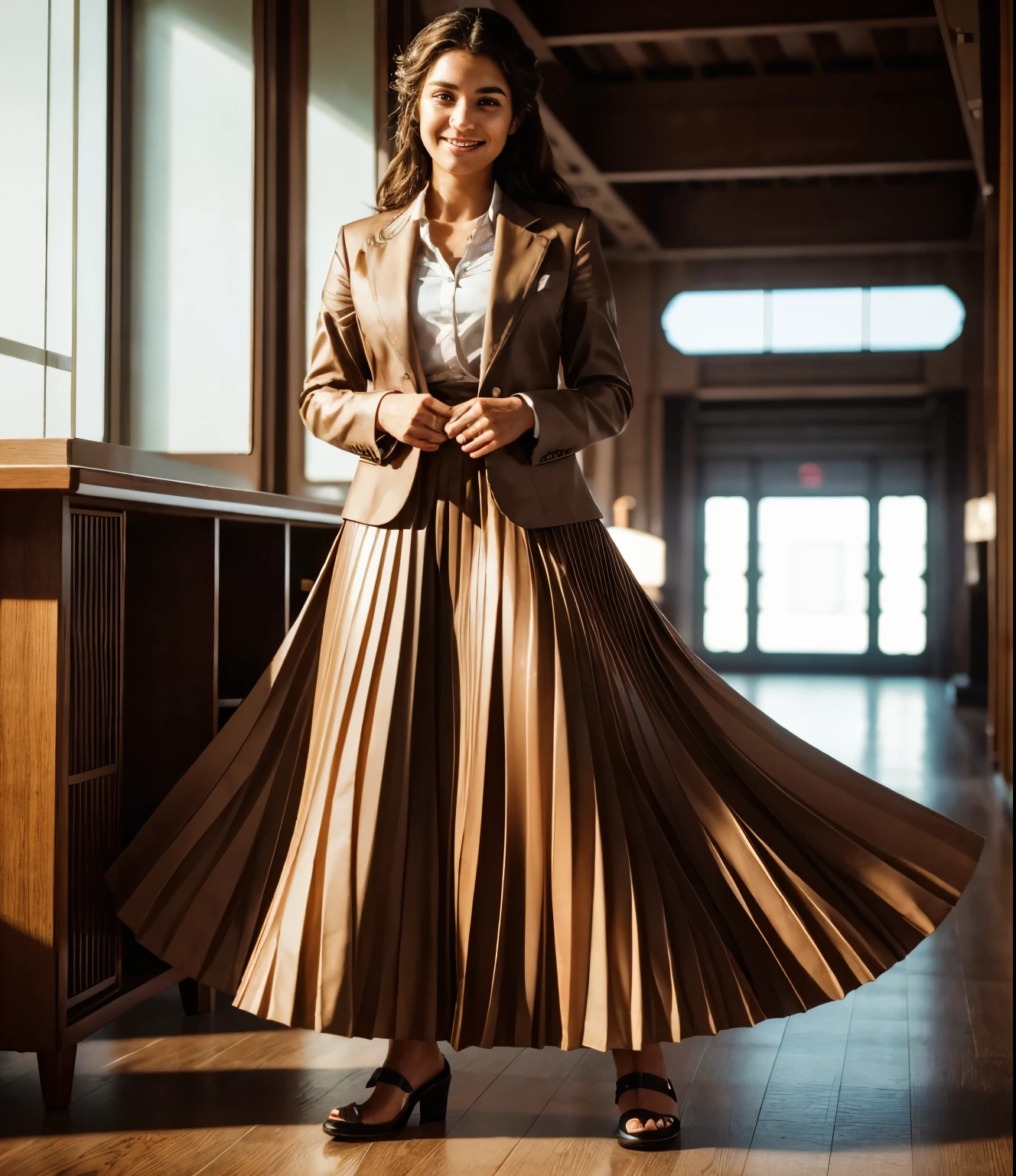 A smiling, authentic, (shy:1,3), kind, beautiful woman, completely alone in an empty space station, in love with her skirt, standing while wind lifts her skirt, wearing short blazer and very very detailed (long (fully pleated) full circle skirt) and (simple) low heeled office shoes, very very intricate hyper-detailed symmetric (attractive graceful young feminine face) with (sad, tired eyes and a shy smile), large breasts, full of empathy and compassion and love, (pronounced (feminine) features), (highly detailed ultra accurate realistic) hands and fingers, (windy), epic composition, highly detailed attributes, (35mm f1.4 Kodak portra 400 photograph), extremely high quality RAW photograph, highly detailed atmosphere, sci-fi, cinematic shot, dynamic lighting, 75mm, Technicolor, Panavision, cinemascope, sharp focus, fine details, 8k, HDR, realism, realistic, key visual, film still, superb cinematic color grading, depth of field