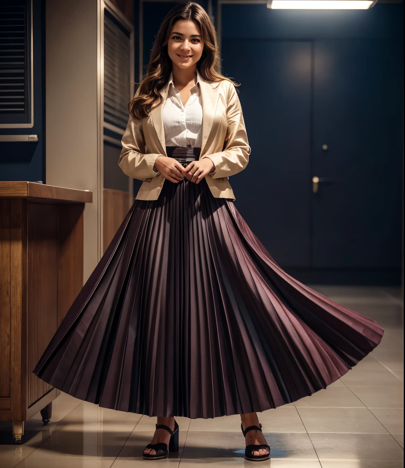 A smiling, authentic, (shy:1,3), kind, beautiful woman, completely alone in an empty space station, in love with her skirt, standing while wind lifts her skirt, wearing short blazer and very very detailed (long (fully pleated) full circle skirt) and (simple) low heeled office shoes, very very intricate hyper-detailed symmetric (attractive graceful young feminine face) with (sad, tired eyes and a shy smile), large breasts, full of empathy and compassion and love, (pronounced (feminine) features), (highly detailed ultra accurate realistic) hands and fingers, (windy), epic composition, highly detailed attributes, (35mm f1.4 Kodak portra 400 photograph), extremely high quality RAW photograph, highly detailed atmosphere, sci-fi, cinematic shot, dynamic lighting, 75mm, Technicolor, Panavision, cinemascope, sharp focus, fine details, 8k, HDR, realism, realistic, key visual, film still, superb cinematic color grading, depth of field