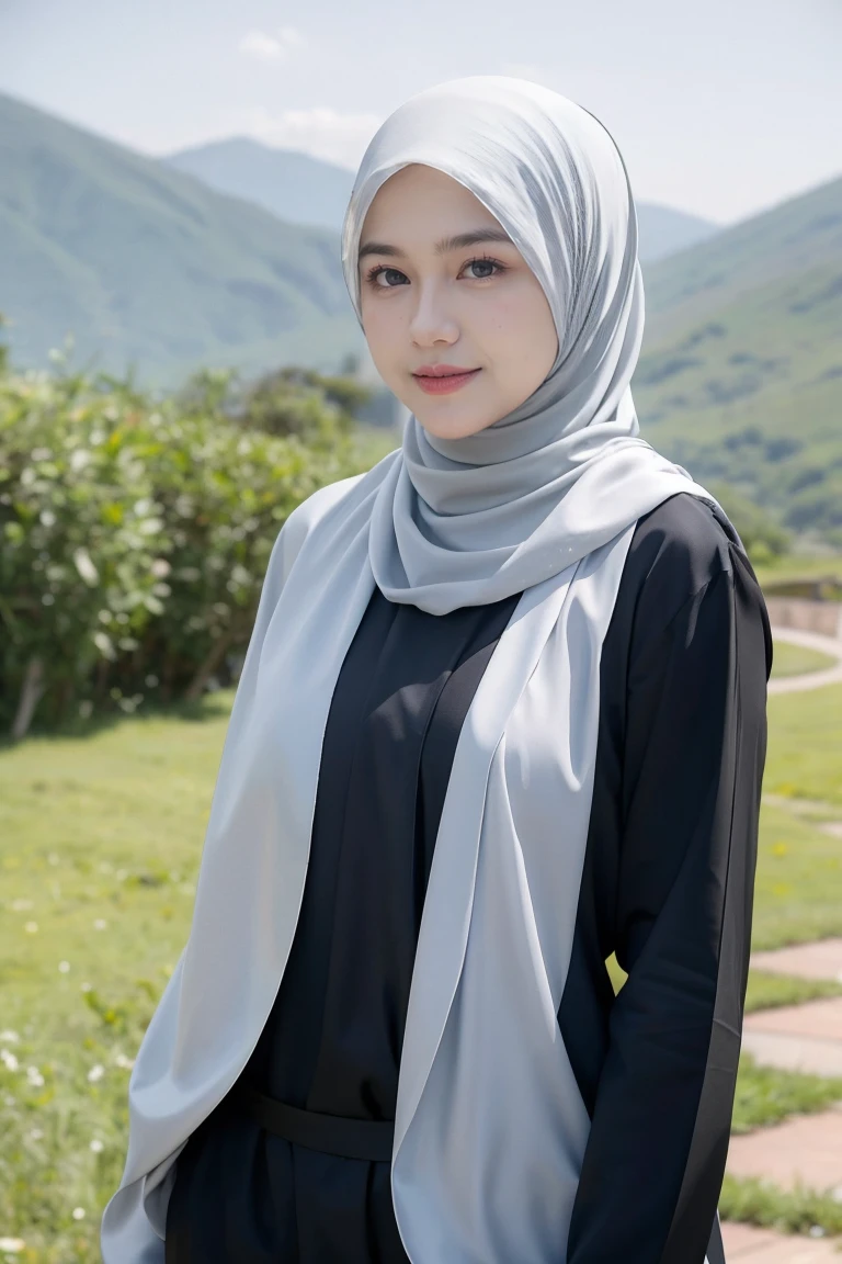 (Half-body:1.1), (:1.5), long tshirt Outfit, (RAW photo, Materpiece, Best Quality), (hijab:1.4), (headscarf:1.2), Flower Mountain, Landscape view, Galaxy Blackhole style, on the skies wave, The unknown existence of the seventh heaven, Clothes that are covered and polite, long-sleeved Hijab clothes, look polite and elegant, ((Best Quality Hijab Hair, Hair close with Hijab))