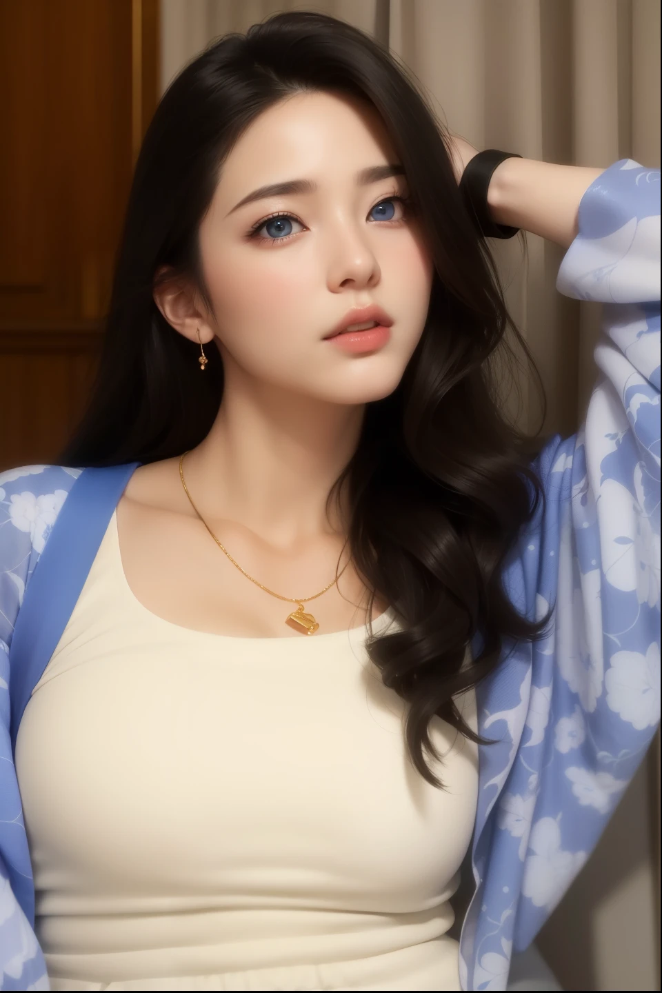 Beautiful big breastokeh), indoors, detailed luxury living room, gentle and charming beautiful goddess, Korean(kpop-idol), solo, necklace, oval face, double eyelids, smart, good hands, good feet, Natural, (from below angle), (glossy skin:1.05), ((low angle)), Perfect figure, (64k, UHD, RAW photo, best quality, masterpiece:1.4), (realistic, photo-realistic:1.37), ultra high res, photon mapping, radiosity, physically-based rendering, professional soft lighting, blue eyes, purpel hair