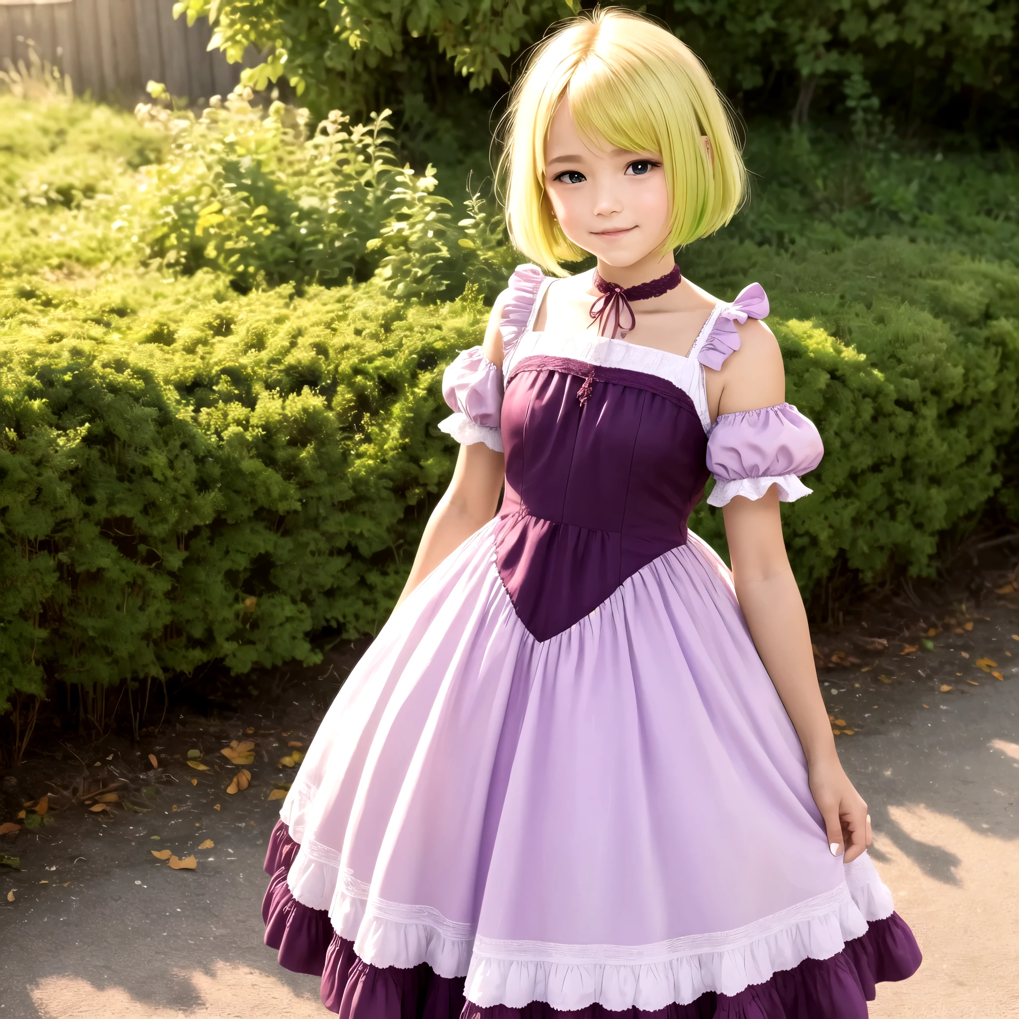 Full-length photo with high detail, realistic rendering, simple background, a 9--old l standing peacefully. Her yellow-green hair, which is close to a short bob in front and tied in a single knot at the back, frames her fair-skinned face. With a charming smile playing at the corners of her closed mouth, she is wearing a lilac-colored dress with burgundy trim. The intricate details of her short-sleeved dress and the delicate folds of the fabric testify to the highest quality of the masterpiece.