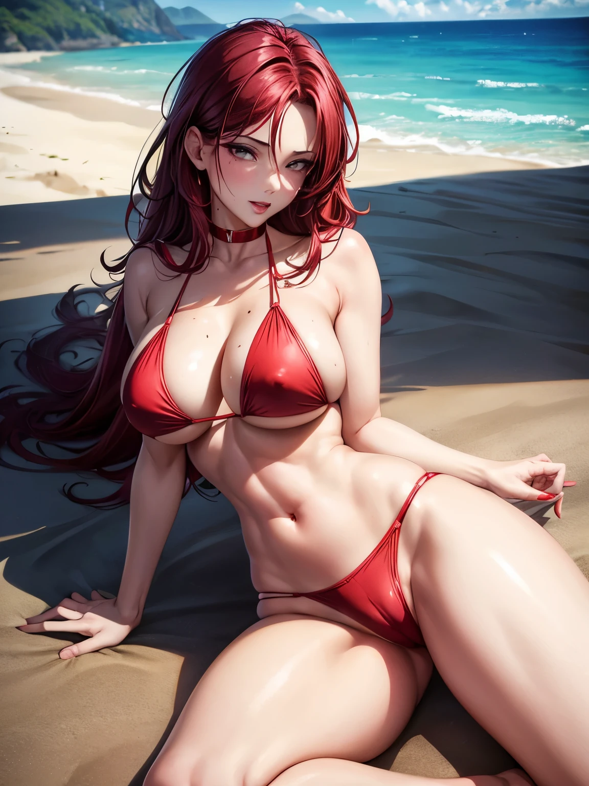 Sexy milf in thigh red bikini, tits overflowing her bikini, sluty face, nipples, moles, pale skin, beach, sensual pose, big hips, perfecto body, Lusty eyes, full HD, 4k, 8k, black on floor, open legs