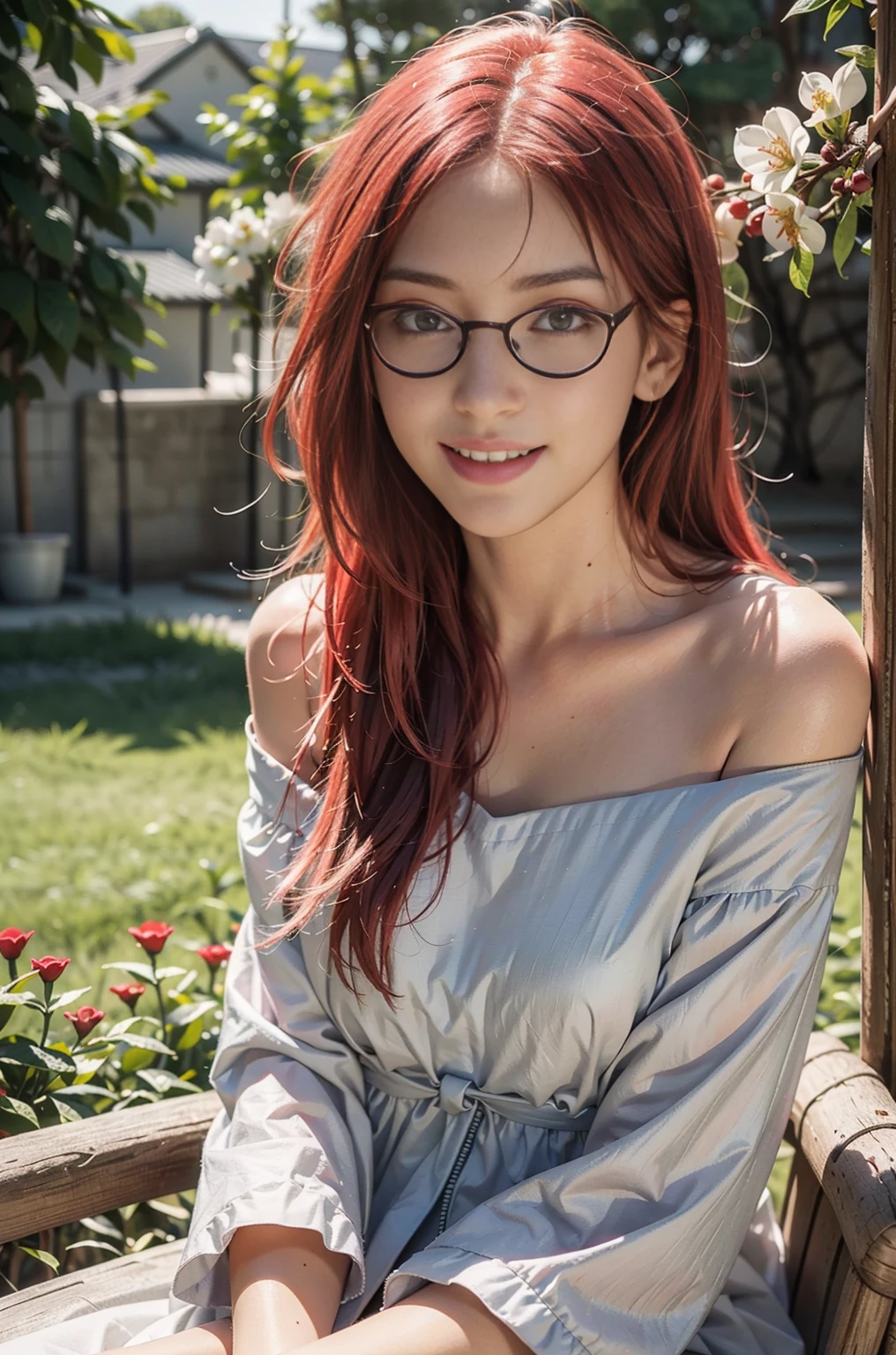Best quality, masterpiece, ultra high res, (photorealistic:1.4), raw photo, 1girl, white dress, off shoulder, blossom flower field, glowing skin, light smile, long red hair, red eyes, glasses, karin uzumaki 
