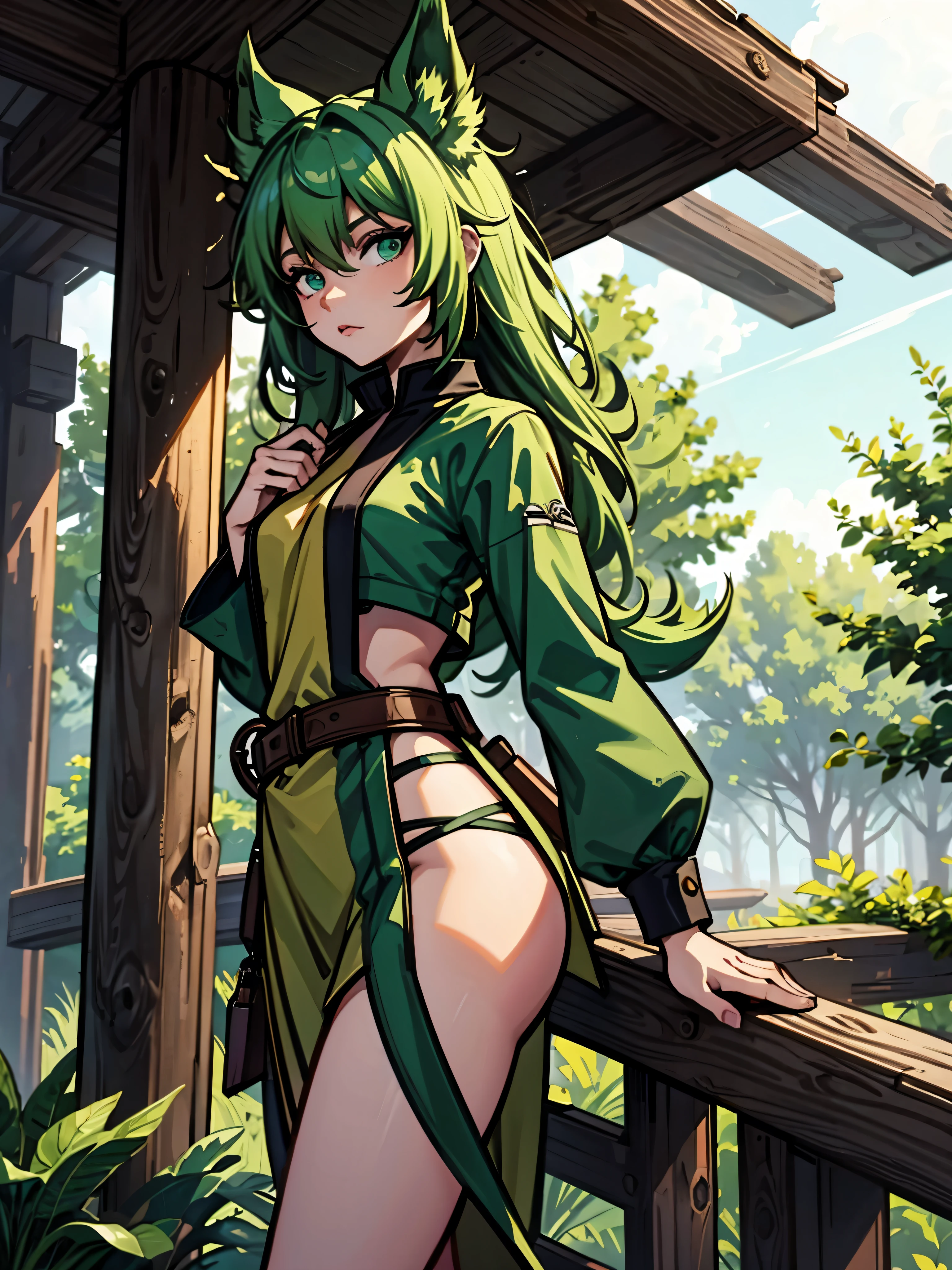girl,green hair,double tail,Wooden elements,green clothes