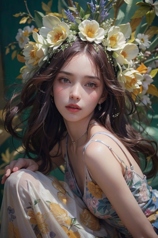 (best quality color photo of a mysterious beautiful woman in floral clothing),(An extremely delicate and beautiful work:1.2), Sitting in the divine light, with neon lights, grand background, starryskybackground, art nouveau, floral couture, clothes made out of flower, luxury fashion,(she is the embodiment of beauty and allure, her clothes are soft and light texture as air,) detailed face, looking at viewer, red hair, glasses detailed eyes, red eyes, lustrous lips , Gentle and enigmatic expression, High color saturation, surrealism , (best quality, masterpiece, ultra detailed, ultra high res, photorealistic, raw photo, absurdres, absolutely resolution:1.4),