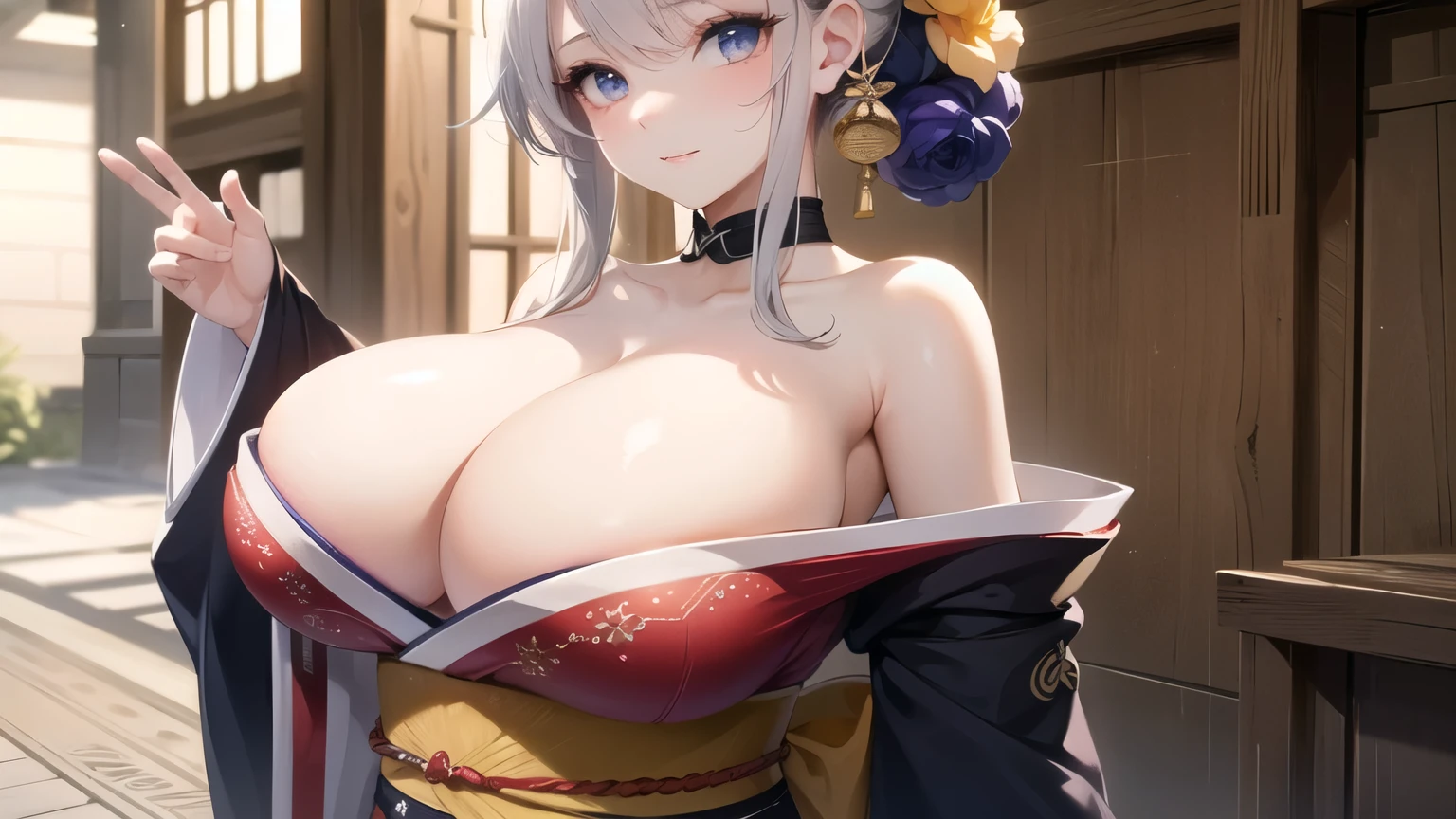 (((masterpiece, best quality))), (((superior quality))), cute girl, ((extremely detailed girl)), ((huge breasts)), ((kimono)), (bare shoulders), strapless top, slight smile