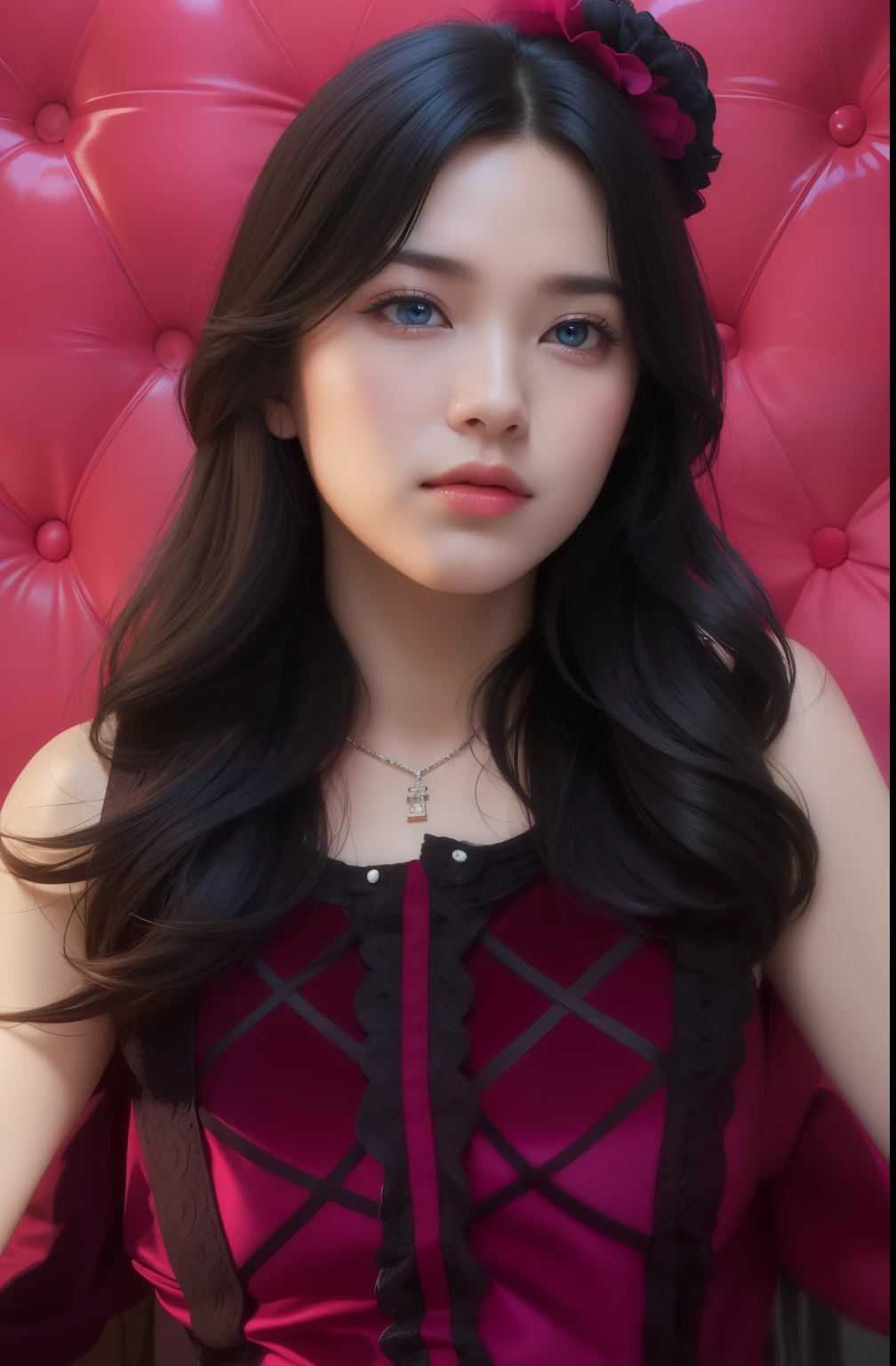 Beautiful big breastokeh), indoors, detailed luxury living room, gentle and charming beautiful goddess, Korean(kpop-idol), solo, necklace, oval face, double eyelids, smart, good hands, good feet, Natural, (from below angle), (glossy skin:1.05), ((low angle)), Perfect figure, (64k, UHD, RAW photo, best quality, masterpiece:1.4), (realistic, photo-realistic:1.37), ultra high res, photon mapping, radiosity, physically-based rendering, professional soft lighting, blue eyes, purpel hair