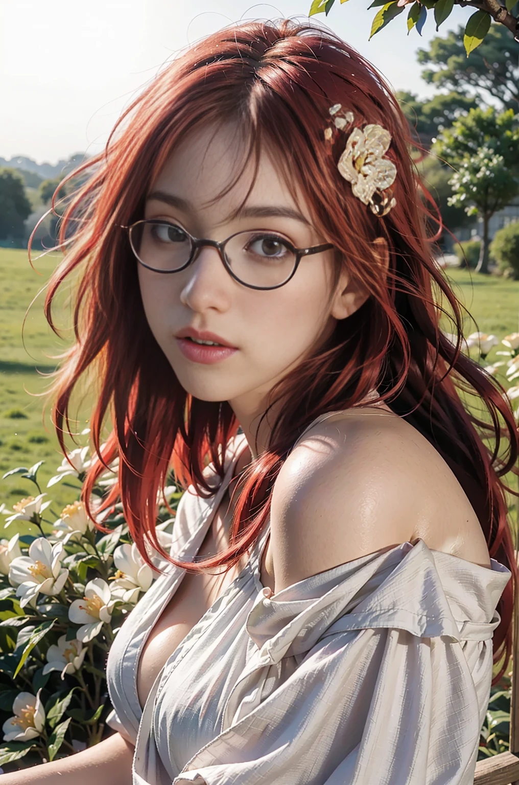 Best quality, masterpiece, ultra high res, (photorealistic:1.4), raw photo, 1girl, white dress, off shoulder, blossom flower field, glowing skin, light smile, long red hair, red eyes, red eye color, glasses, karin uzumaki 