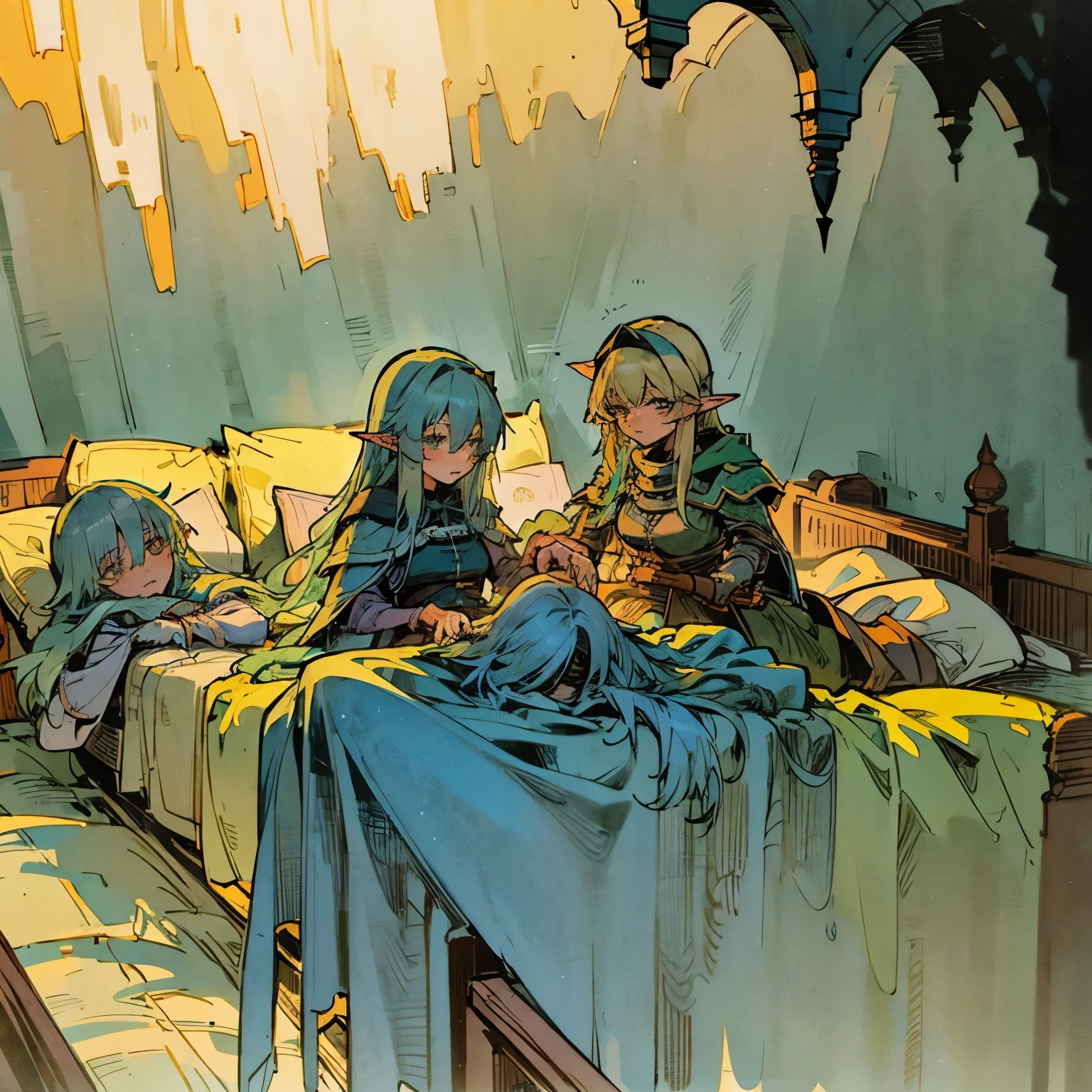 Cozy bedroom, Cozy bed, POV, (lying in bed, 3 people laying on one bed) 3 girls, mage[Green hair, shy] , elf archer[Blonde hair, confident] and a knight[Blue hair, calm] (3 girls in great detail), all siting together, sleepover, blond on right, cyan hair on left, all snuggling