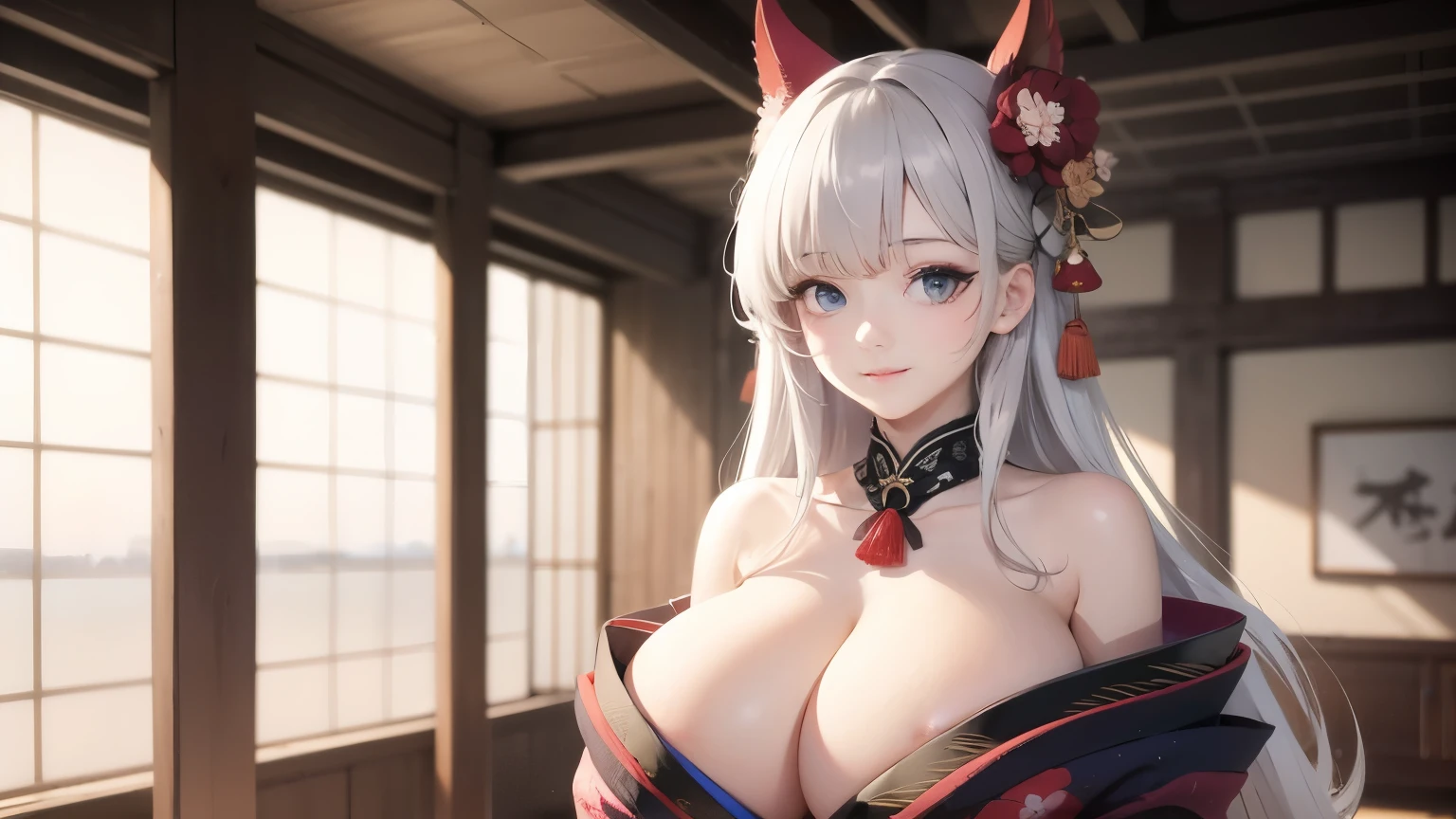 (((masterpiece, best quality))), (((superior quality))), cute girl, ((extremely detailed girl)), ((huge breasts)), ((kimono)), (bare shoulders), strapless top, slight smile