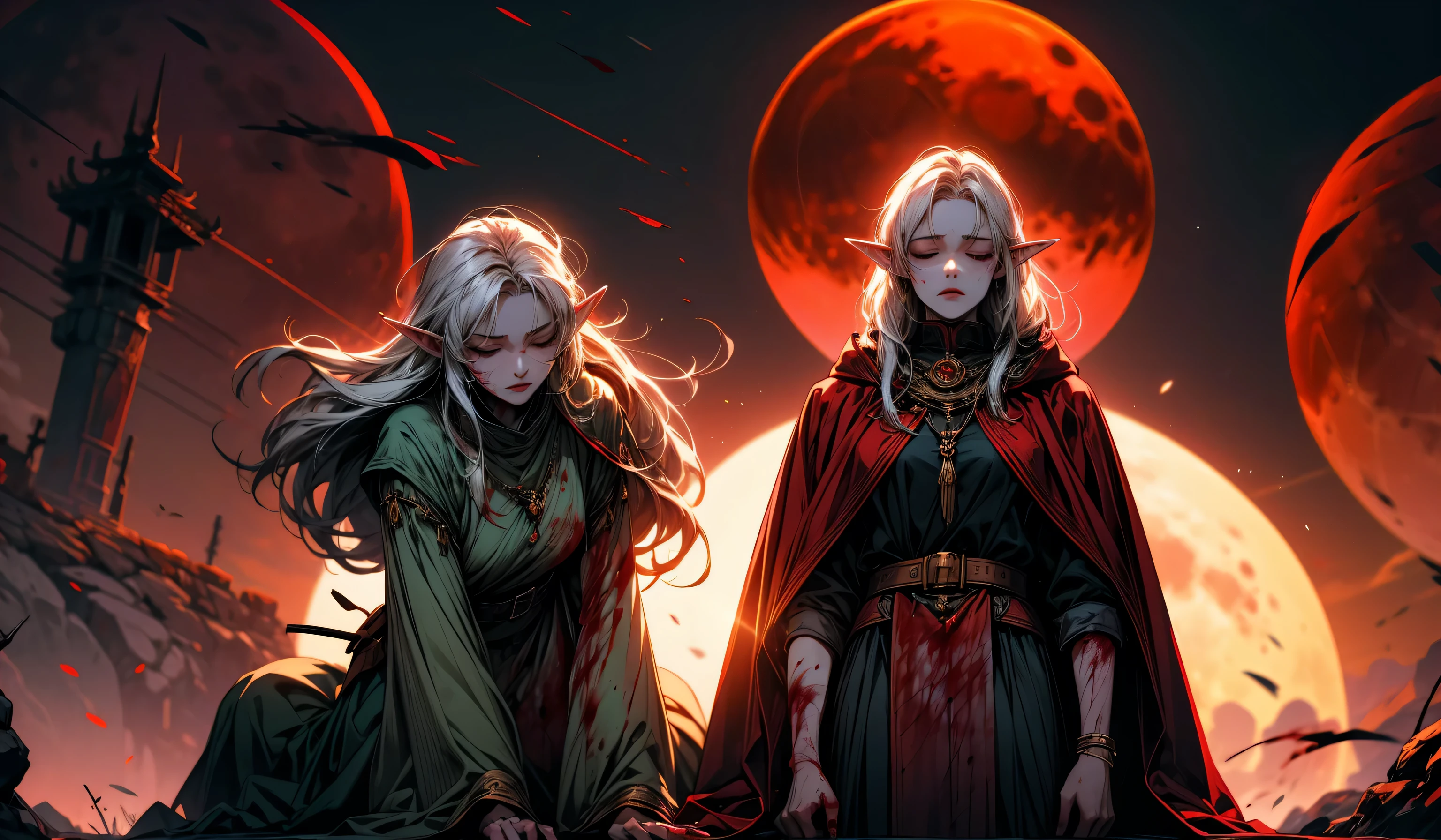 (epic:1.2), (nasty:1.2), (creepy:1.2), (mystical:1.2), (Raspberry red:1.2), (whole body:1.0), BREAK, (Elf Priestess:1.2), (pale:1.2), (long hair:1.0) (White hair:1.0), (pray:1.2), (closed eyes:1.2), (Blood:1.2), BREAK, (Blood moon:1.4), BREAK, (masterpiece:1.4), (beautiful and aesthetically pleasing:1.4)